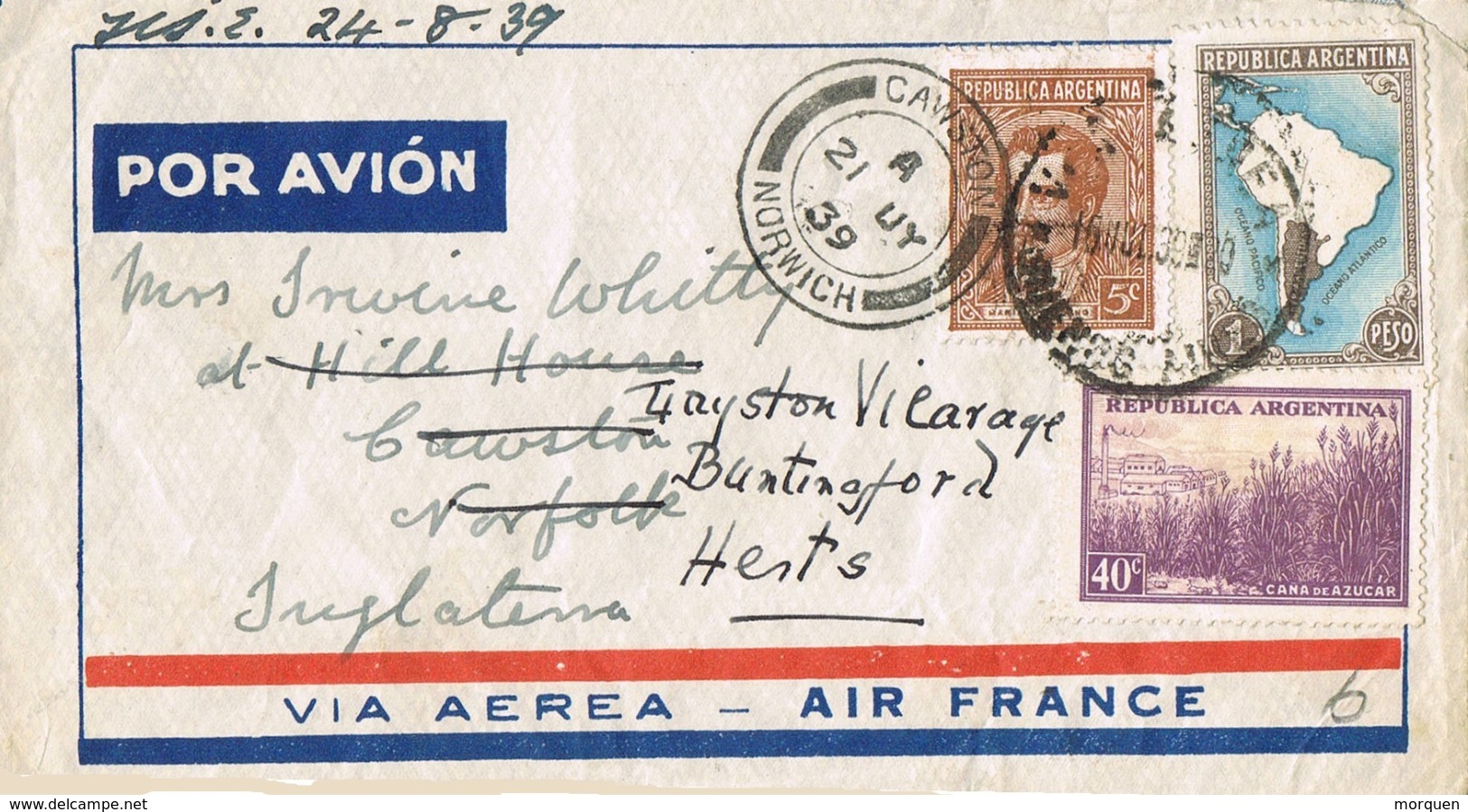 34684. Carta Aerea BUENOS AIRES (Argentina) 1939.  REEXPEDIDA To England - Cartas & Documentos