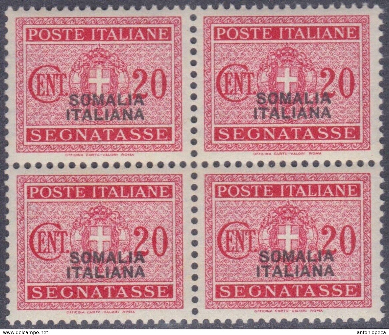 COLONIE ITALIANE SOMALIA 1934 Segnatasse 20c Quartina Gomma Integra - Somalie