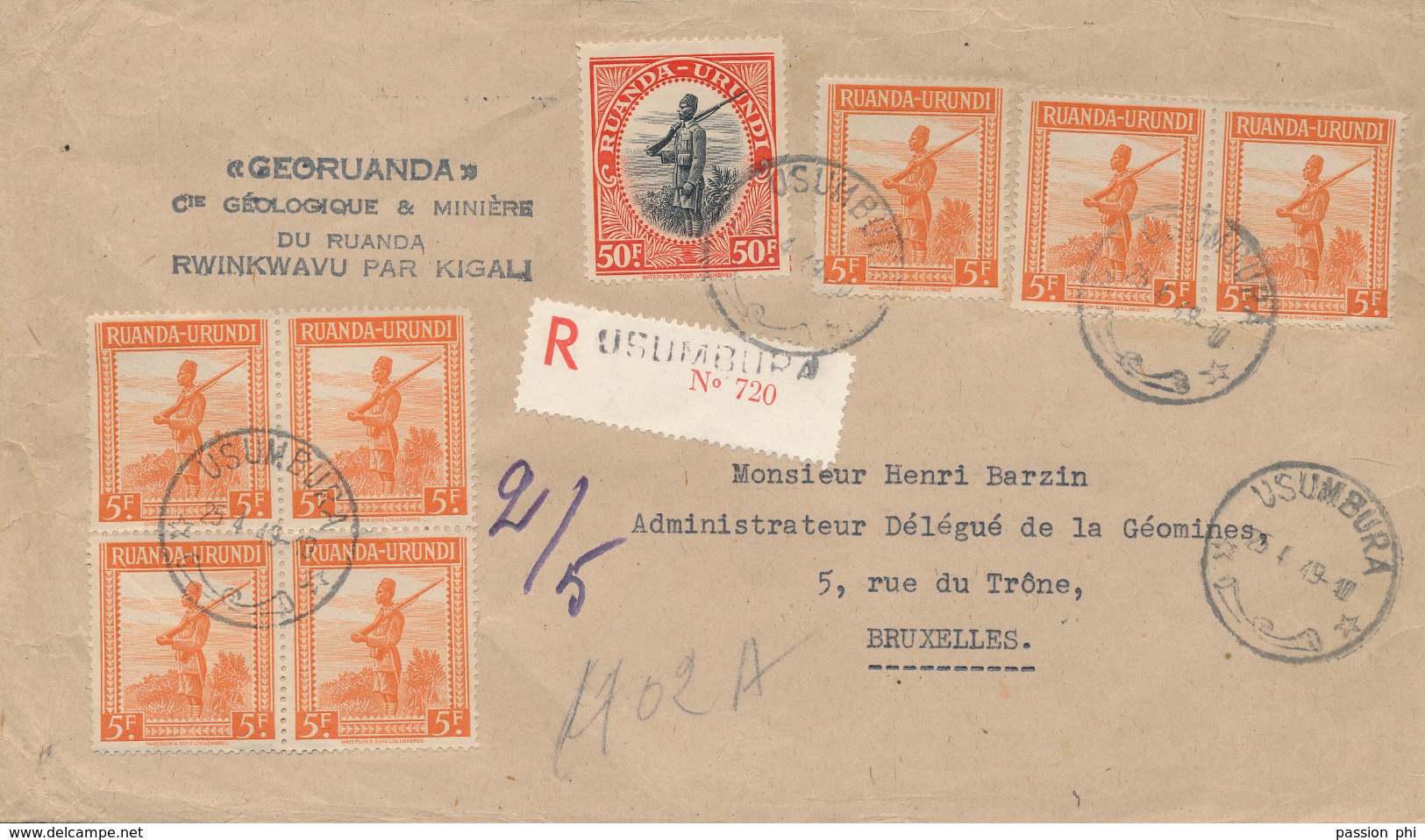 RUANDA URUNDI  50F SOLDIER ON REGISTERED COVER FROM USUMBURA 25.04.49 TO BRUSSELS - Briefe U. Dokumente