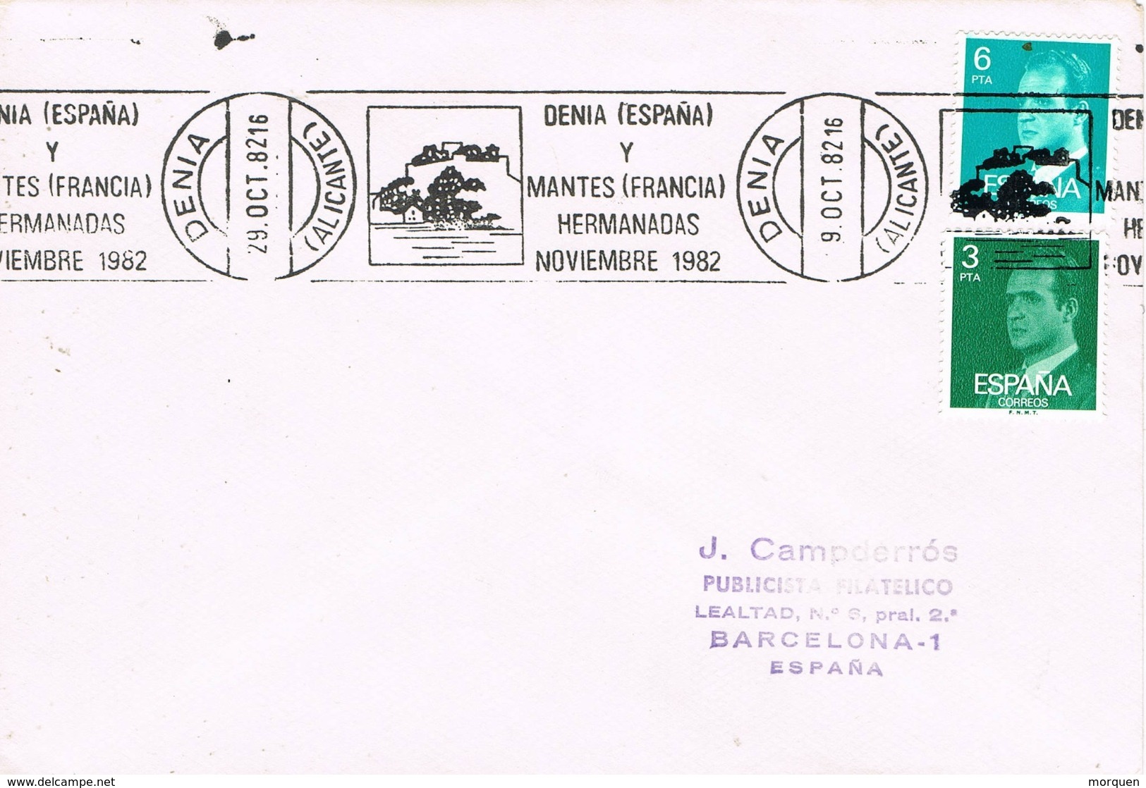 34690. Carta DENIA (Alicante) 1982. Rodillo Especial Jumelage DENIA - MANTES. Ciudades Hermanadas - Cartas & Documentos