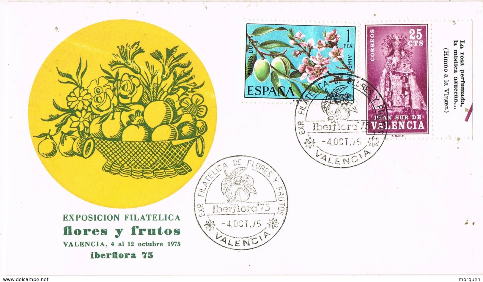 34694. Carta Exposicion VALENCIA 1975. Flores Y Frutos, PLAN SUR Con Bandeleta, Himno Virgen - Cartas & Documentos