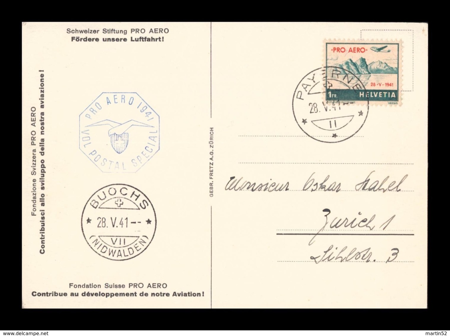 Schweiz-Suisse 28.V.1941: CPI Fondation PRO AERO (Parachute) Zu 35 Mi 395 Yv PA34a Flug Payerne > Buochs (Zu CHF 35.00) - Fallschirmspringen