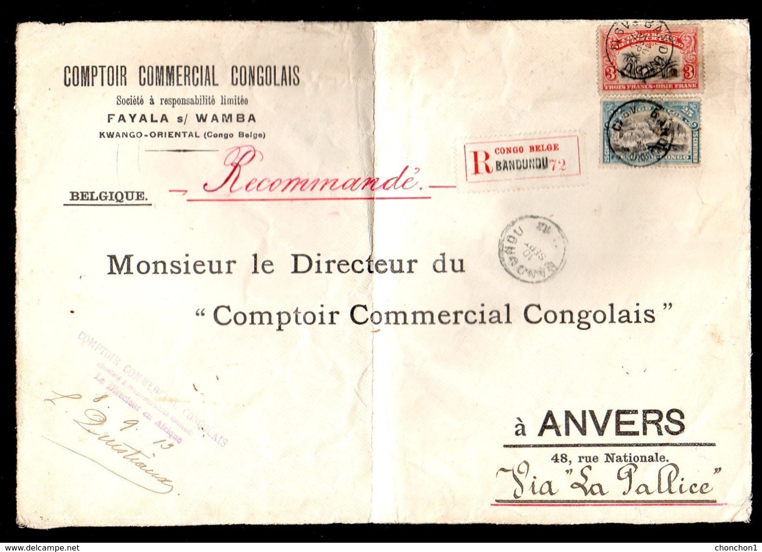 CONGO DEVANT LETTRE MOLS - BILINGUE 1910 - 6 PORTS REC - 3.50FR  - BANDUNDU 1913 - RRR 3F  - BELGIUM  - UN4 - Storia Postale