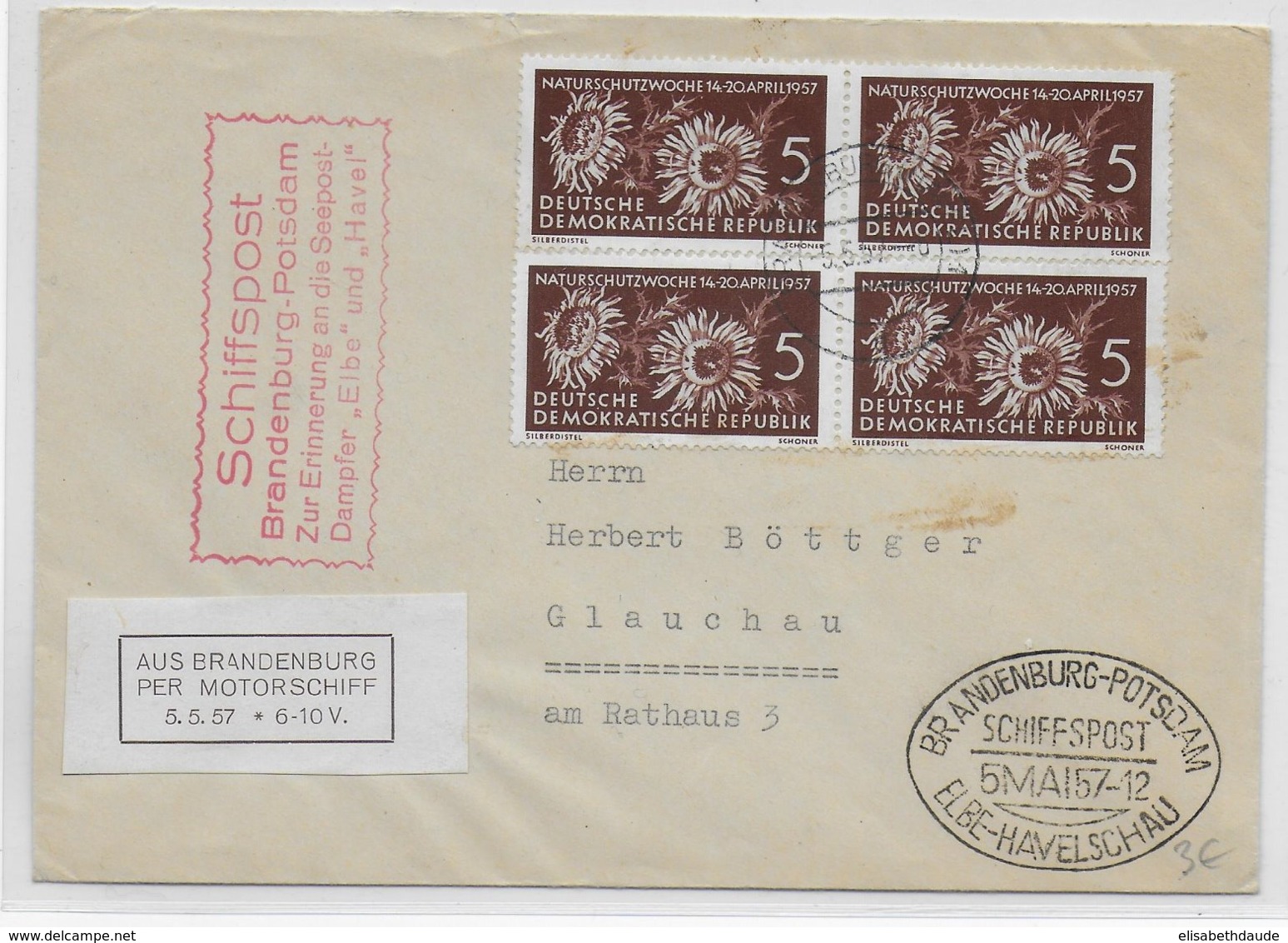 1957 - MARITIME - DDR SCHIFFSPOST !  - ENVELOPPE BRANDENBURG à POSTDAM Par ELBE-HAVELSCHAU - Poste Maritime