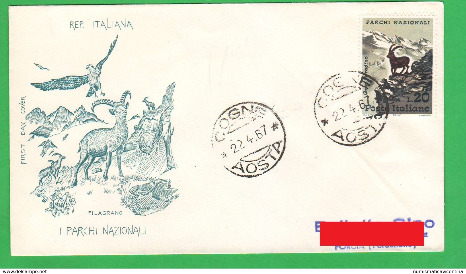 Parchi Nazionali FDC Filagrano Annullo COGNE 1967 Lire 20 National Park - FDC