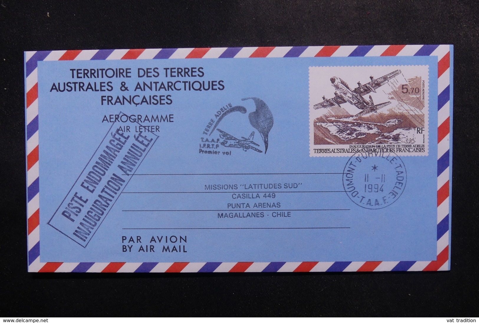 T.A.A.F. - Aérogramme Pour Le Chili En 1994, Cachet "  Piste Endommagée Inauguration Annulée " - L 47807 - Postwaardestukken