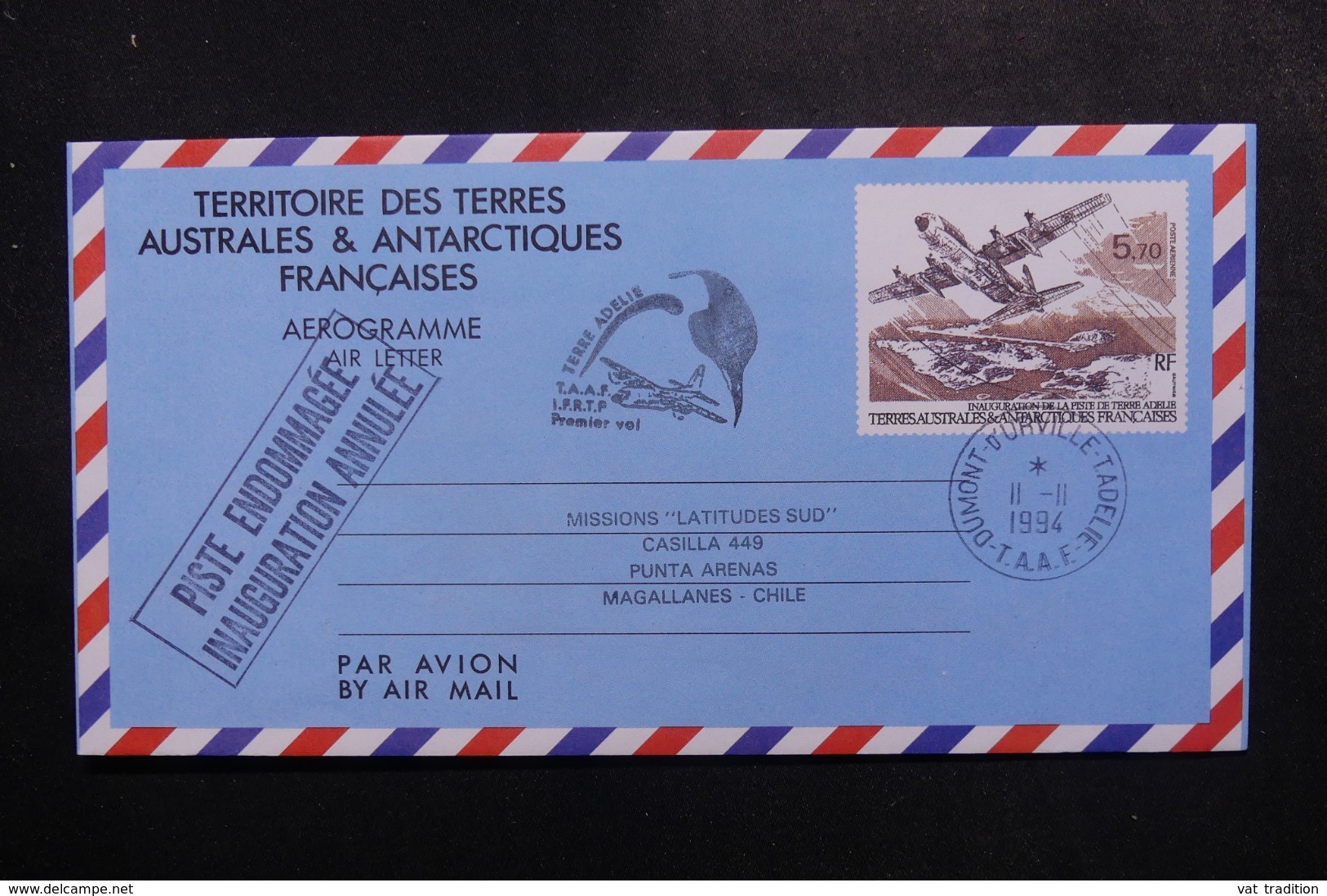 T.A.A.F. - Aérogramme Pour Le Chili En 1994, Cachet "  Piste Endommagée Inauguration Annulée " - L 47807 - Interi Postali