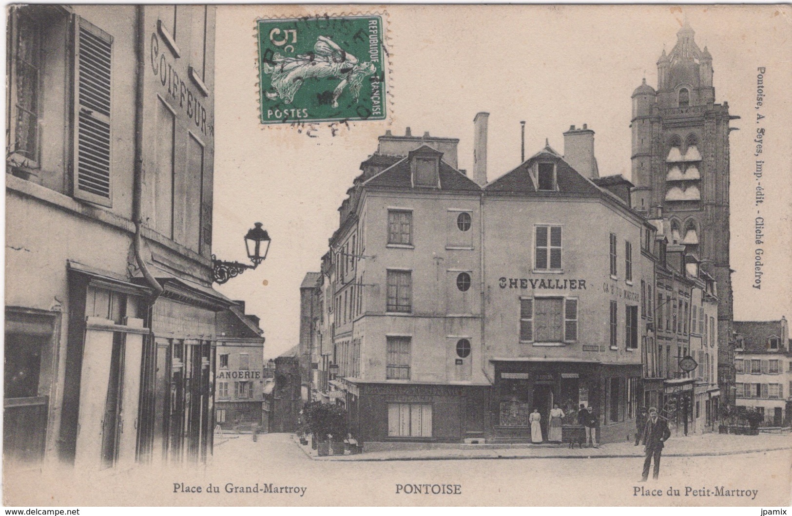 CPA : Pontoise , Place Du Petit Martroy , Devanture Café Du Marché , Coiffeur , Petite Animation - Pontoise