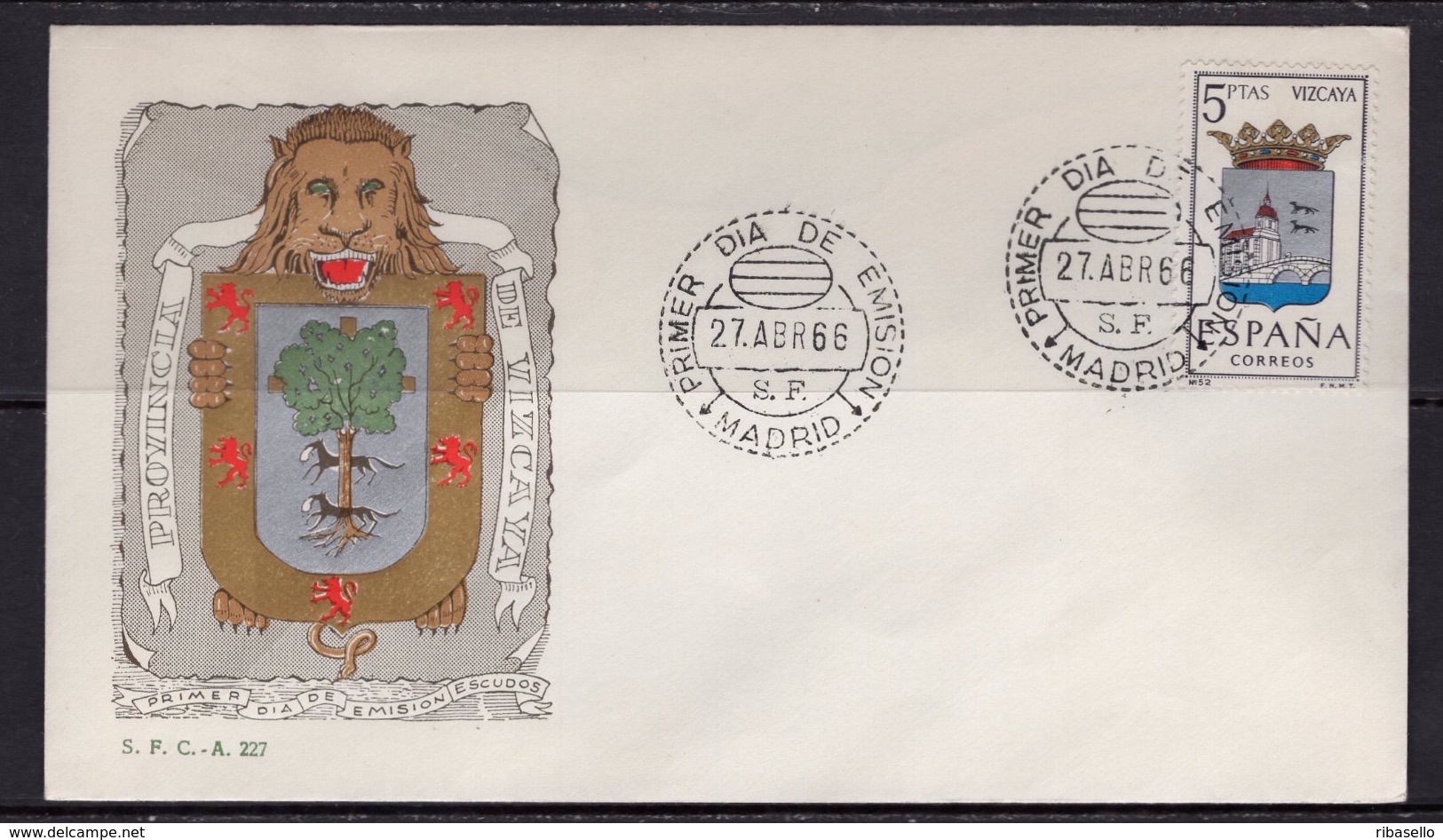 España 1966. Escudo De Vizcaya. Primer Dia. Tipo Vi. - FDC