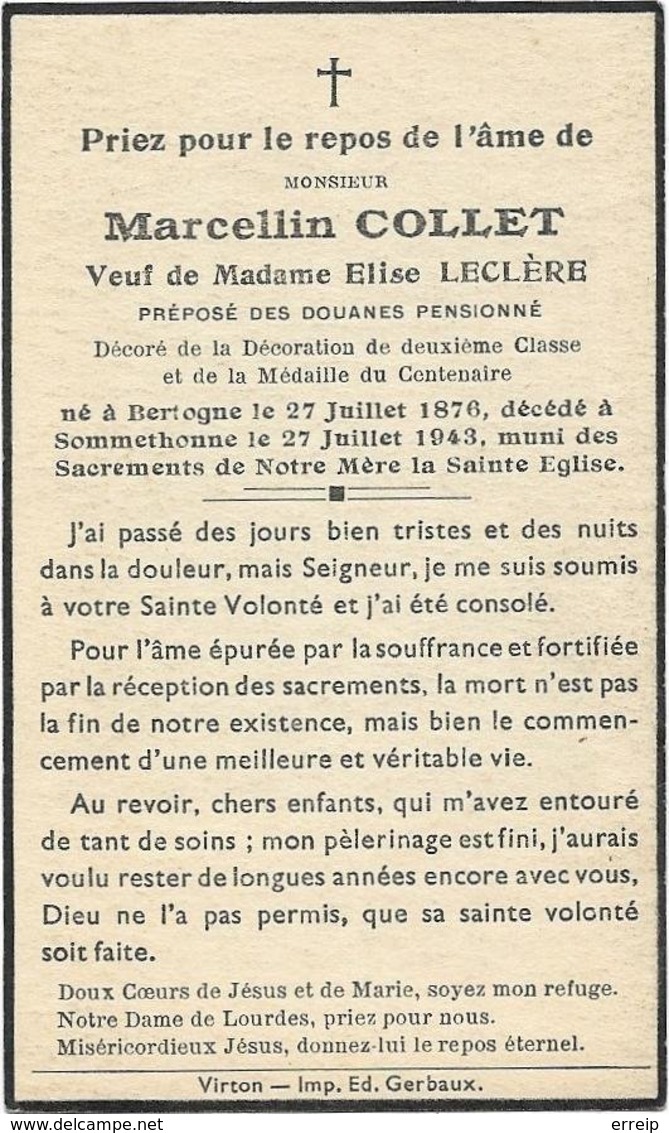 Sommethonne Marcellin Collet Bertogne 1876  Sommethonne 1943 Douanier époux De Elise Leclère - Meix-devant-Virton