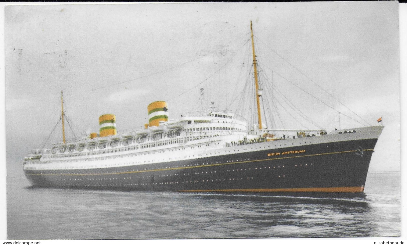 MARITIME - NEDERLAND - 1950 - CARTE Du "NIEUW AMSTERDAM" - AMERICA-LINE Avec GRIFFE "PAQUEBOT POSTED AT SEA" => SUISSE - Marcofilia