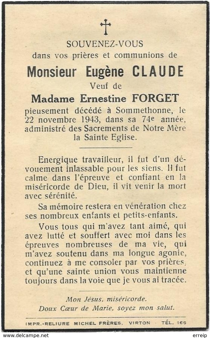 Sommethonne Eugene Claude 1869  Sommethonne 1943 époux De Ernestine Forget - Meix-devant-Virton