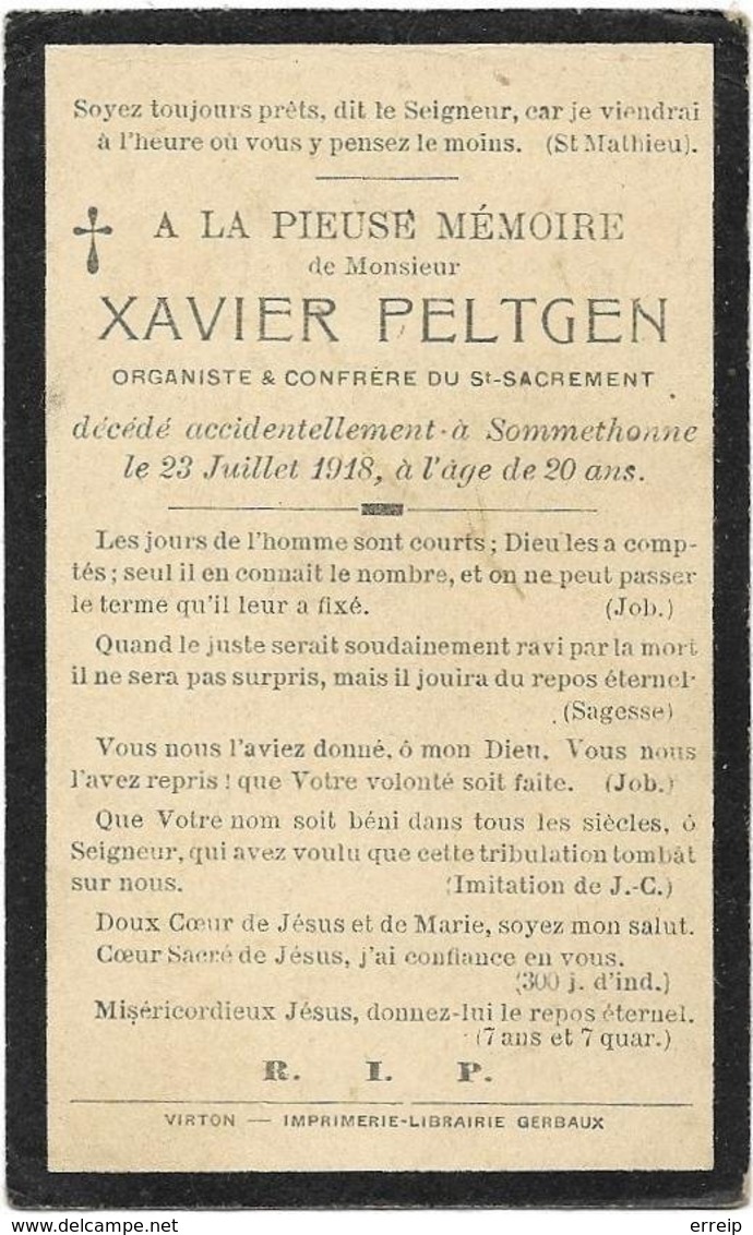 Sommethonne Xavier Peltgen 1898 Organiste Décédé Accidentelement à Sommethonne 1918 - Meix-devant-Virton