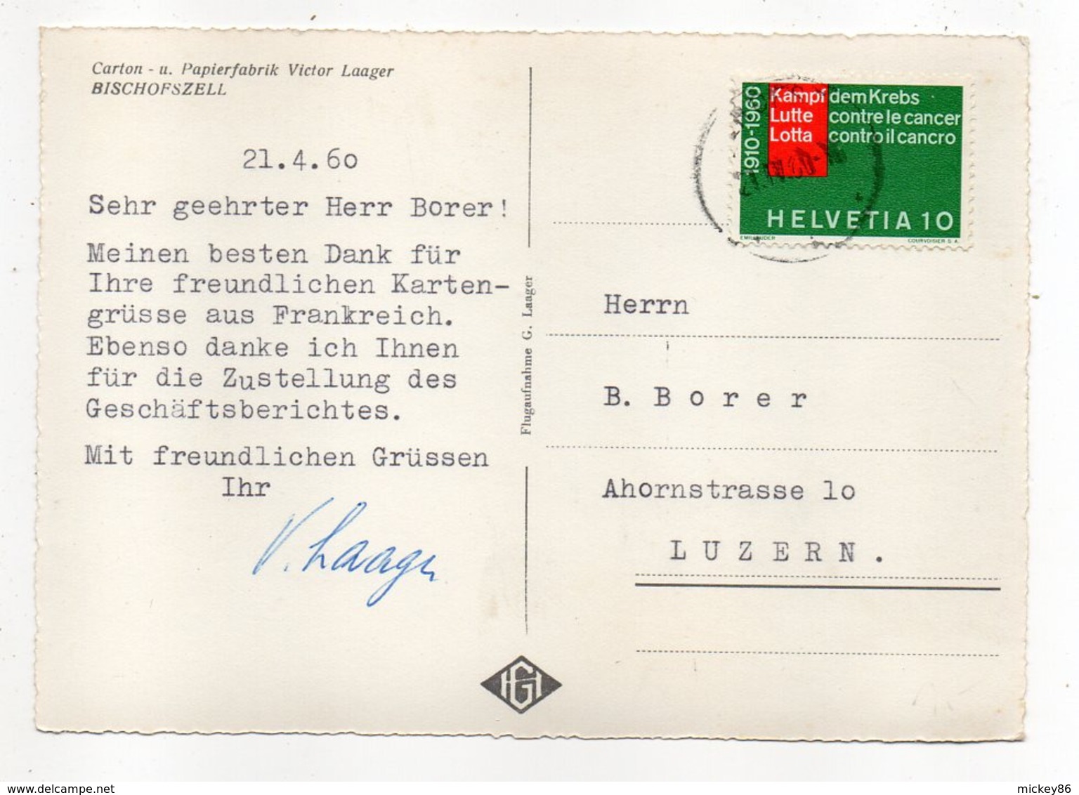 Suisse -TG-BISCHOFSZELL-1960-Vue Aérienne De La Fabrique V.LAAGER (carton Et Papier) Signée V. Laager-carte Publicitaire - Bischofszell