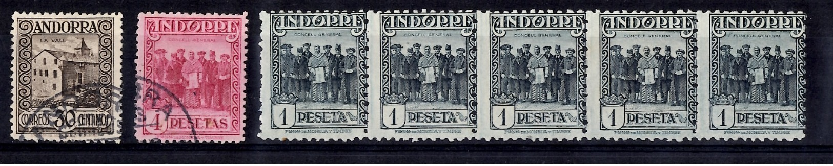 Andorre Espagnol YT N° 21A Oblitéré, N° 25A Oblitéré Et N° 24B En Bande De Cinq Neufs (*). B/TB. A Saisir! - Used Stamps