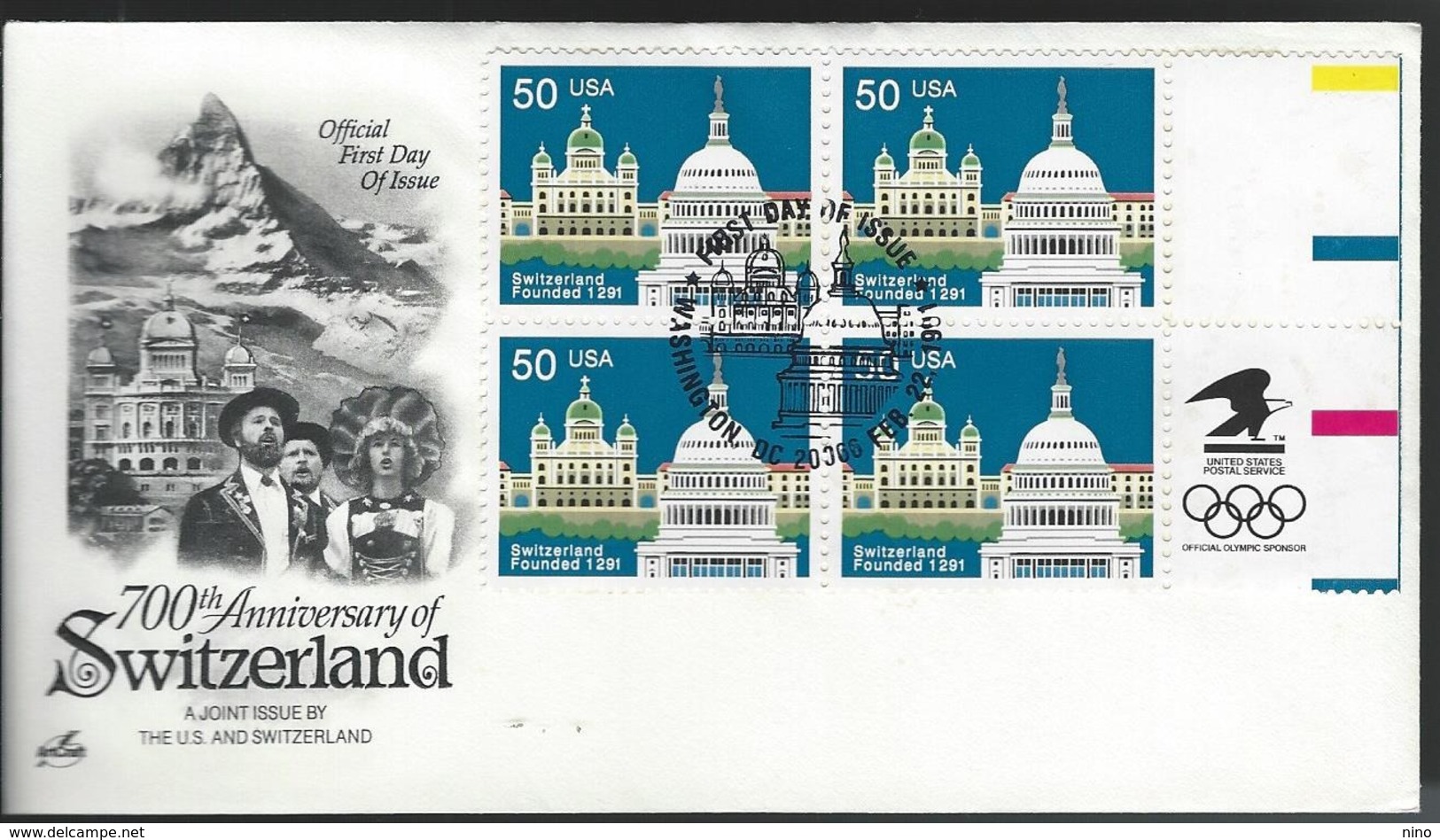 USA. Scott # 2532 FDC Block Of 4. 700th. Anniv. Of Helvetica Confederation. Joint Issue With Switzerland 1991 - Gezamelijke Uitgaven