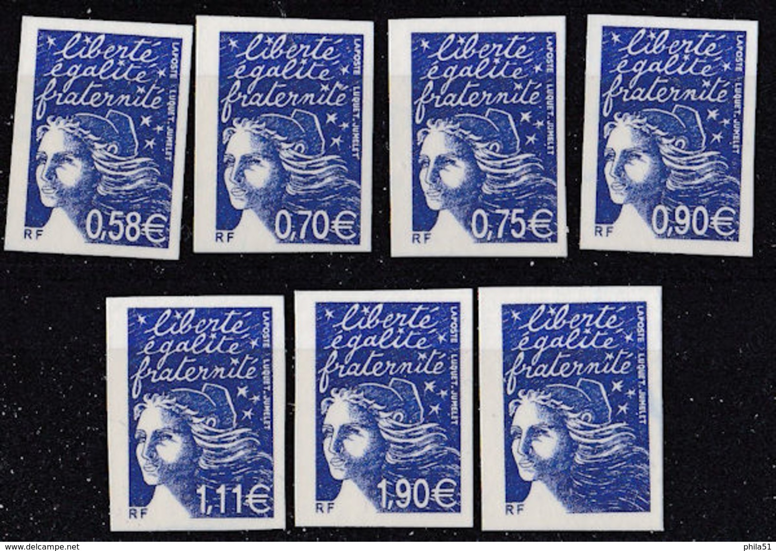France 7 Valeurs Impression Taille Douce En Bleu Non Dentelées Papier Cartonné - 1997-2004 Marianne Du 14 Juillet