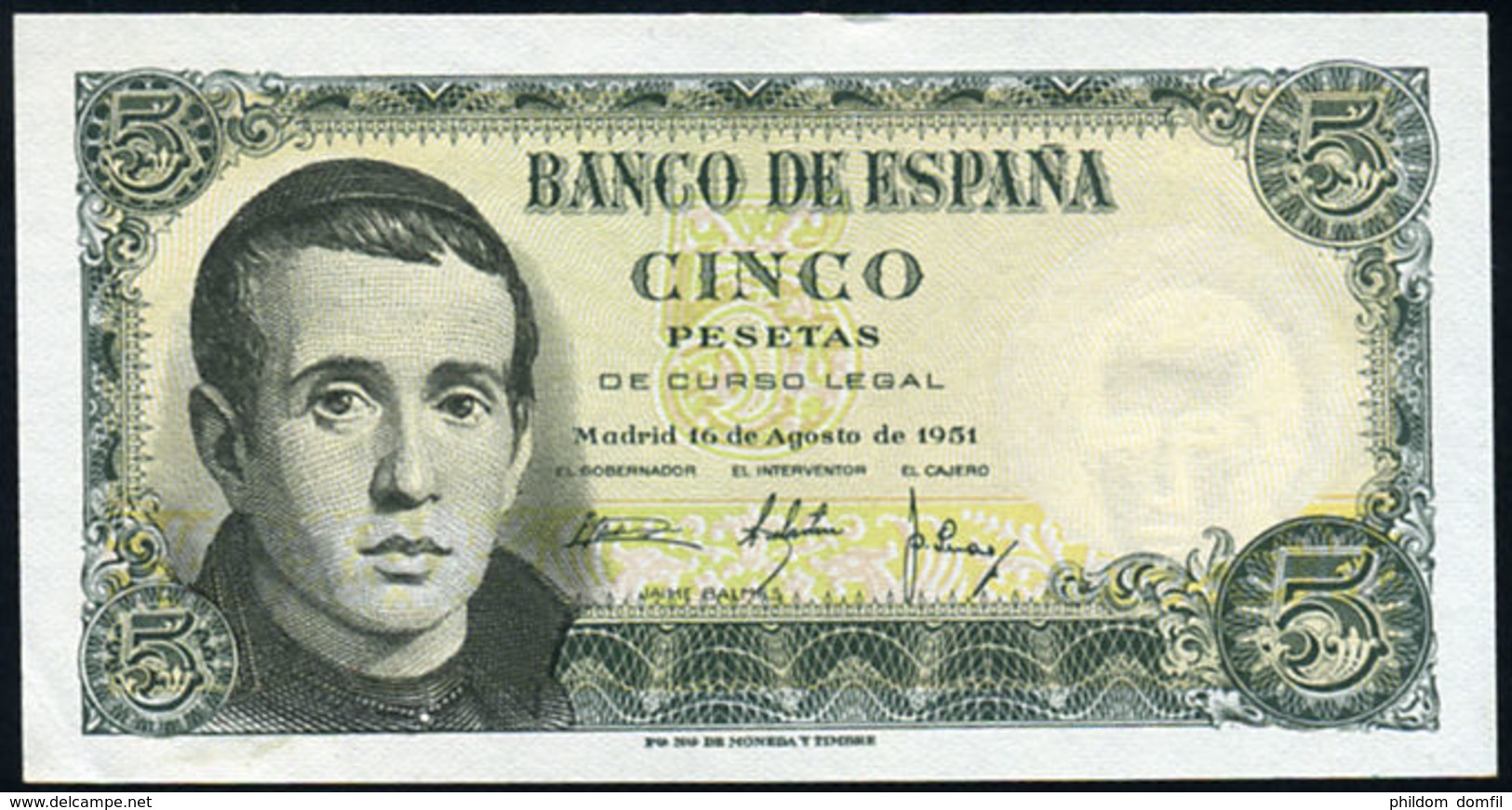 Ref. 228-362 - BIN SPAIN . 1951. 5 Pesetas 16th August 1951 - JAIME BALMES. 5 Pesetas 16 De Agosto 1951 - JAIME BALMES - 5 Pesetas