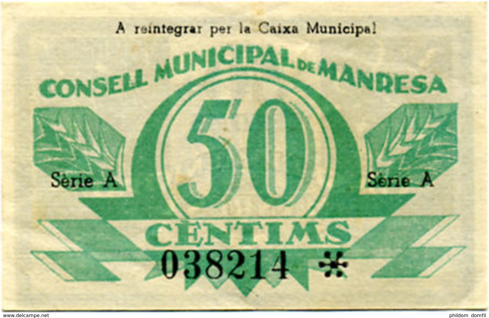 Ref. 350-579 - BIN SPAIN. Republican Local Issues . 1937. 	50 Cts MUNICIPAL CONSELL OF MANRESA	. 50 Cts Consell Municipa - Otros & Sin Clasificación