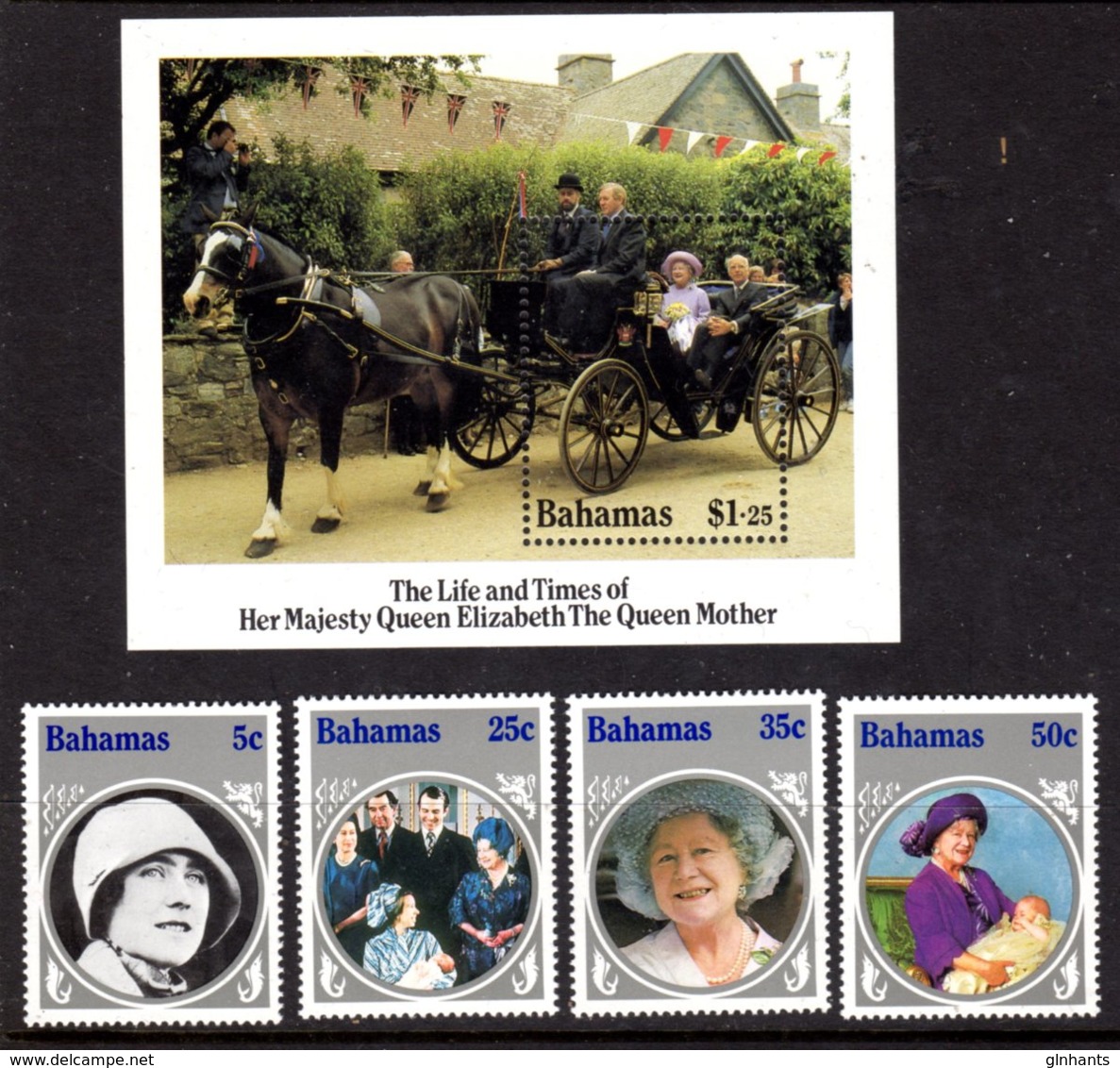 BAHAMAS - 1985 LIFE & TIMES OF QUEEN ELIZABETH THE QUEEN MOTHER SET (4V) & MS FINE MNH ** SG 712-715, MS716 - Bahamas (1973-...)