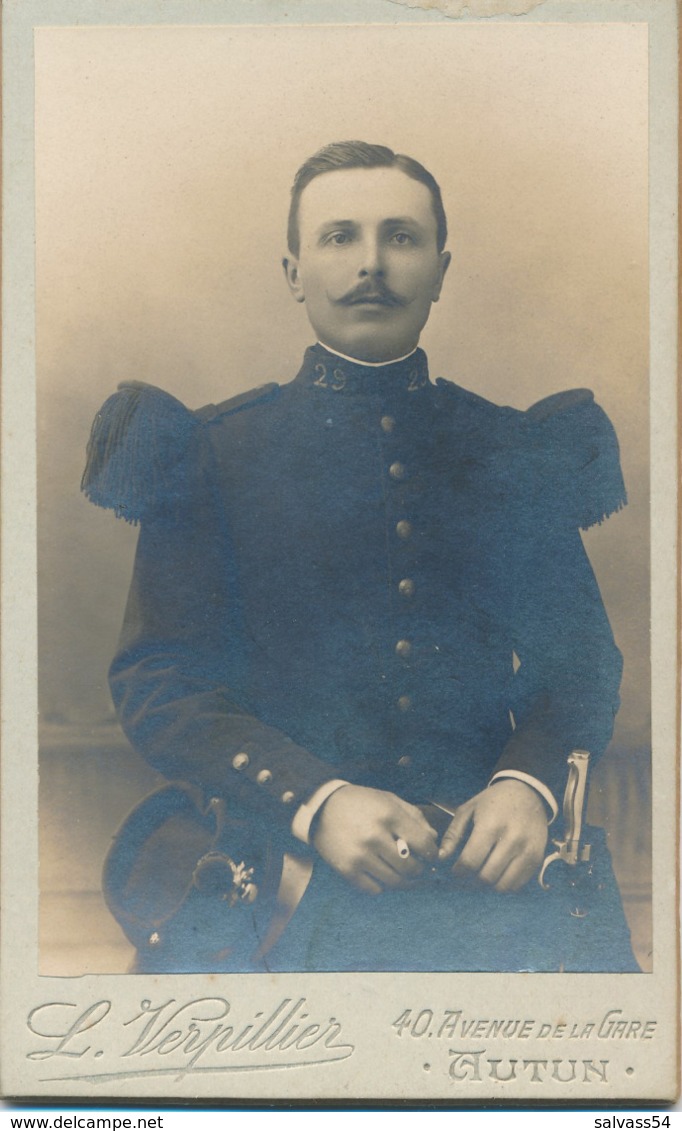 CDV : Portrait Du Militaire Fébor Julien Du 29ème Régiment D'Infanterie Par L. Verpillier à Autun -  Scan Recto/verso - Anciennes (Av. 1900)