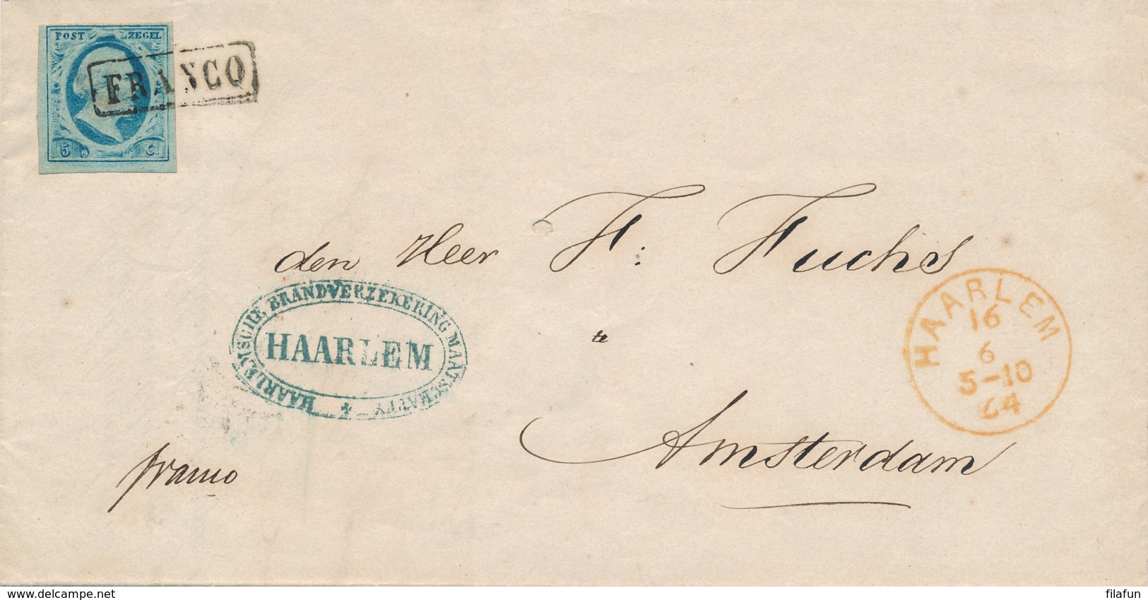 Nederland - 1864 - 5 Cent Willem III, 1e Emissie Op Complete Vouwbrief Van Haarlem Naar Amsterdam - Brieven En Documenten