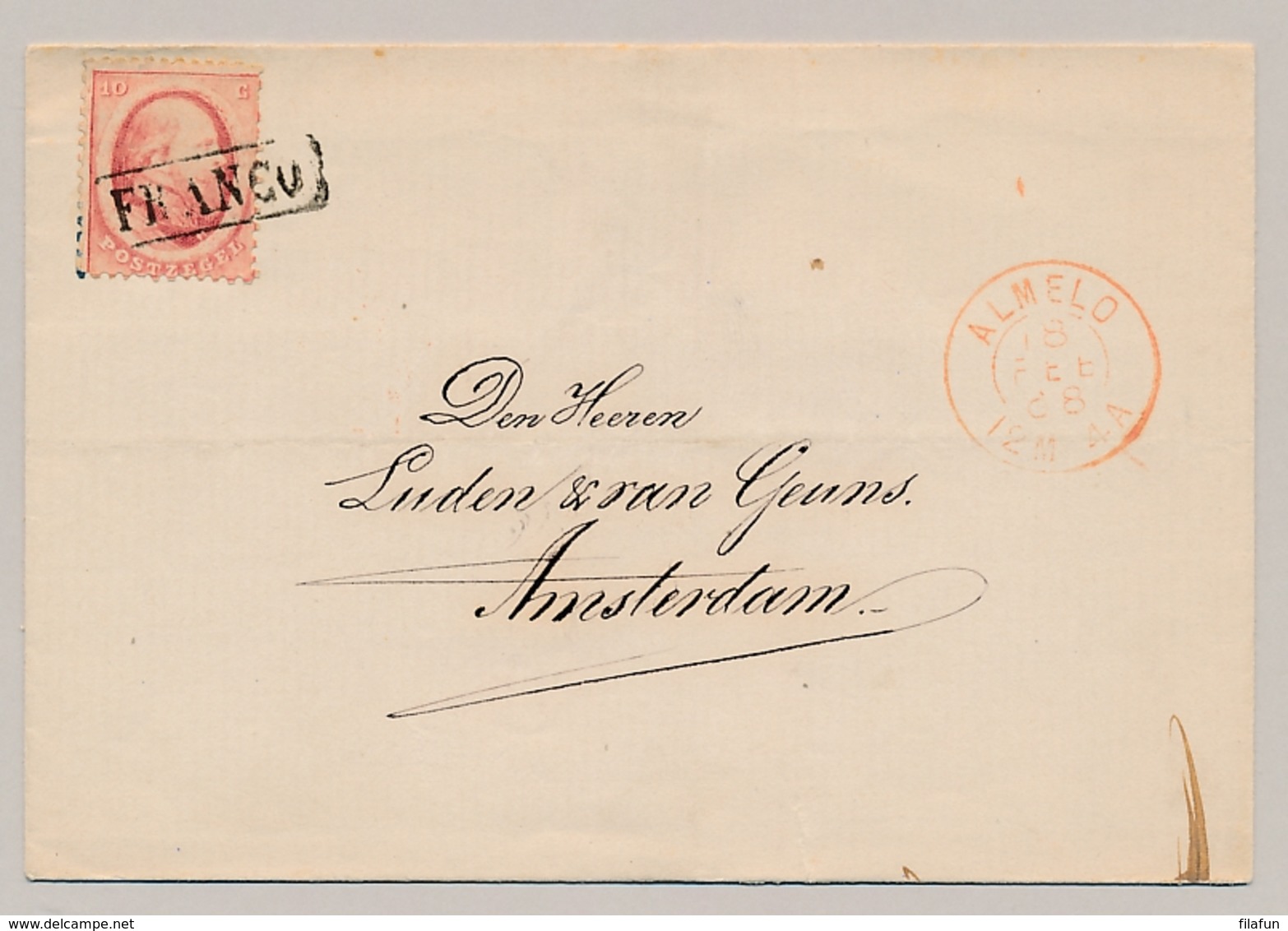 Nederland - 1868 - 10 Cent Willem III, 2e Emissie - Enkelfrankering Op Omslag Van 2LT Almelo Naar Amsterdam - Brieven En Documenten