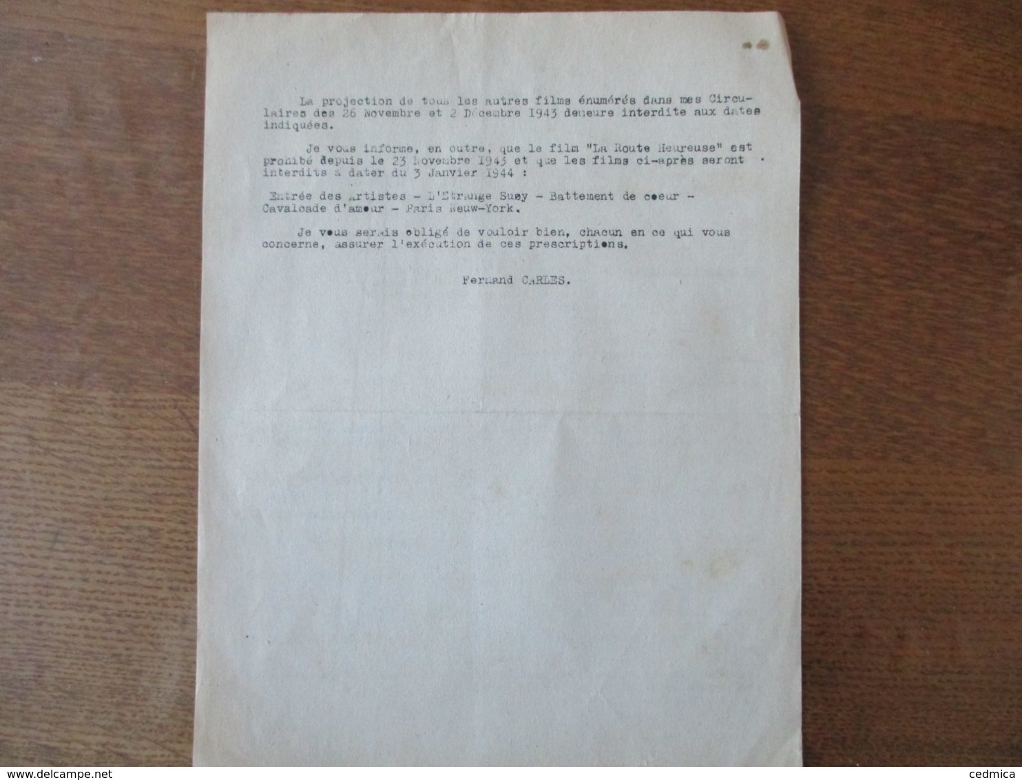 ETAT FRANCAIS LILLE LE 18 DECEMBRE 1943 PREFECTURE DU NORD NOTE DU PREFET CINEMATOGRAPHIE-INTERDICTION DE FILMS - Historische Documenten