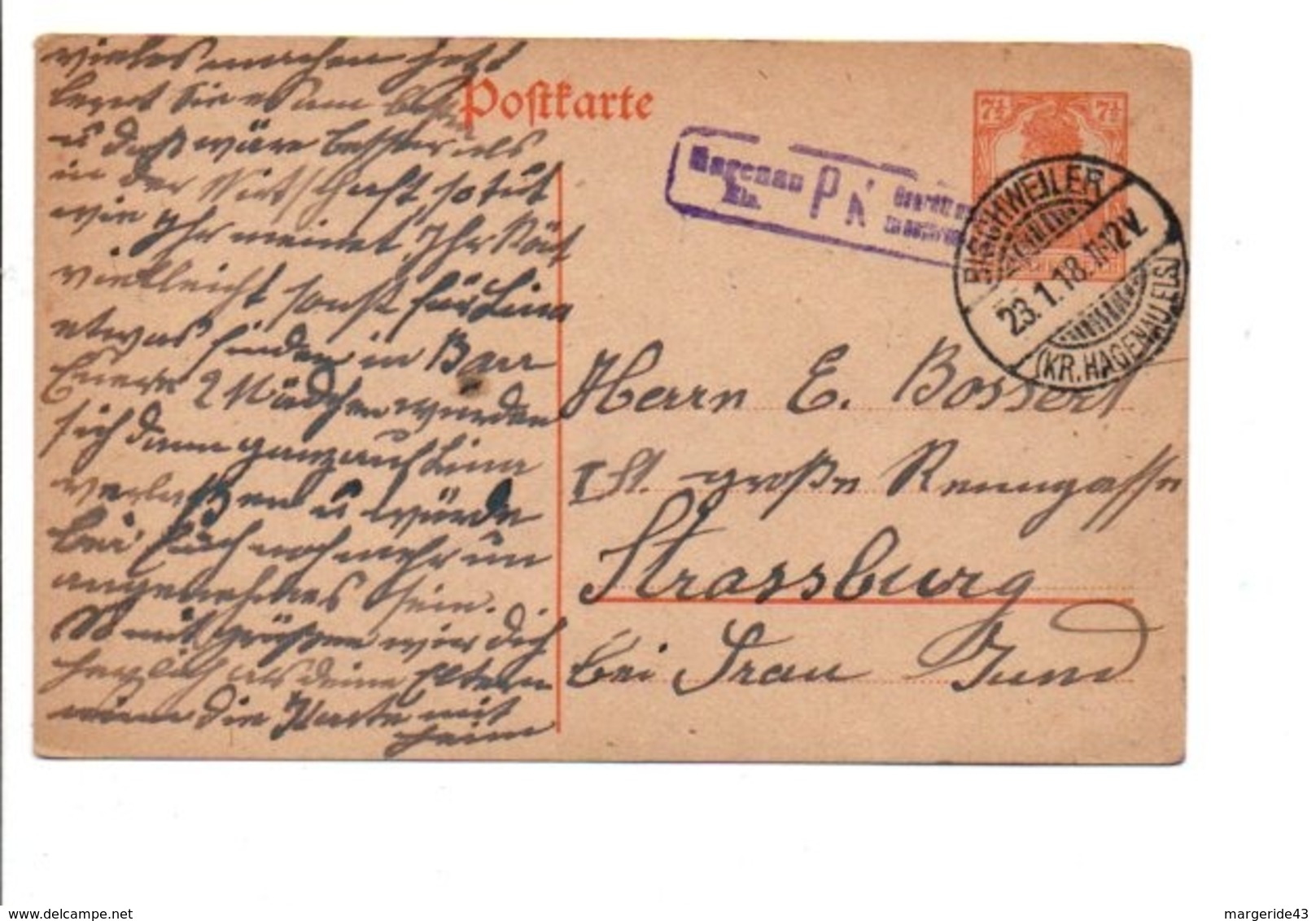 ALSACE LORRAINE CARTE DE BISCHWEILER POUR STRASBOURG 1918 - Altri & Non Classificati