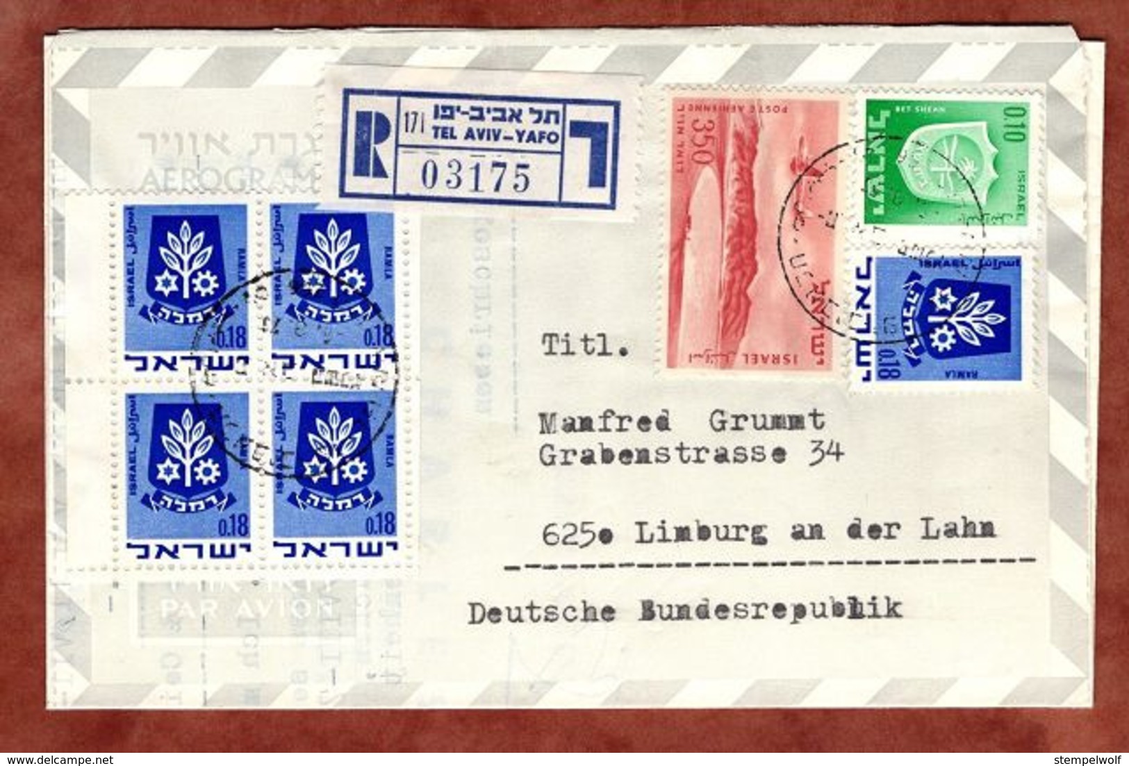 Aerogramme, Luftfaltbrief, Einschreiben Reco, Wappen Ramla U.a., Tel Aviv Yafo Nach Limburg 1973 (82216) - Storia Postale