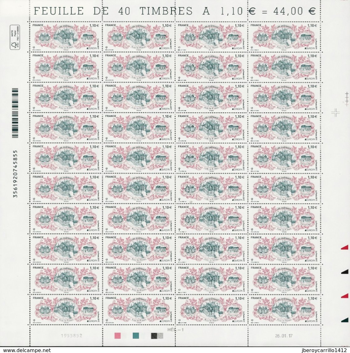 FRANCIA / FRANCE/ FRANKREICH  -EUROPA 2017- "CASTILLOS - CASTLES - SCHLÖSSER".- HOJA BLOQUE COMPLETA De 40 TIMBRES - 2017