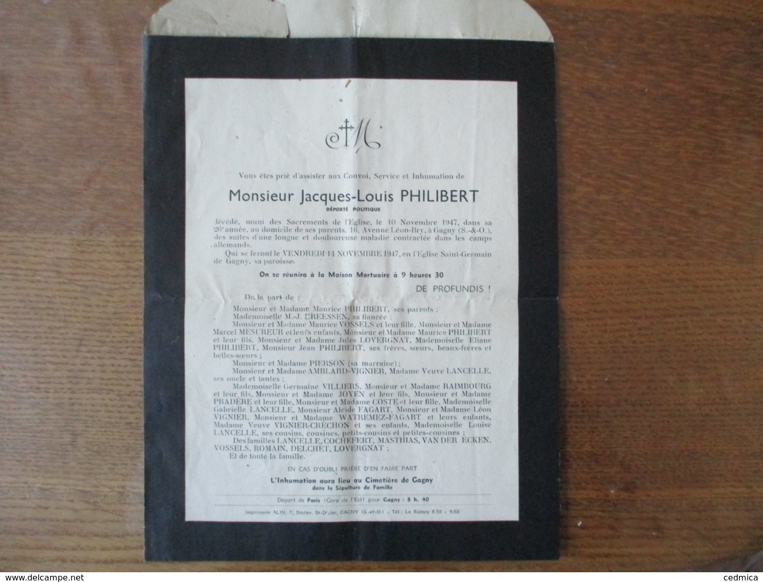 GAGNY MONSIEUR JACQUES-LOUIS PHILIBERT DEPORTE POLITIQUE DECEDE LE 10 NOVEMBRE 1947 DANS SA 26e ANNEE - Todesanzeige