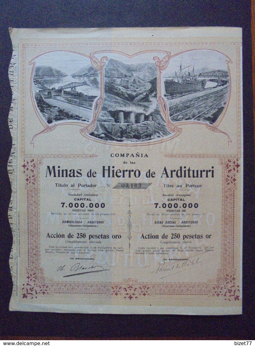 ESPAGNE - SAINT-SEBASTIEN 1905 - MINAS DE HIERRO DE ARDITURRI - ACTION DE 250 PESETAS OR - BELLE ILLUSTRATION - Andere & Zonder Classificatie