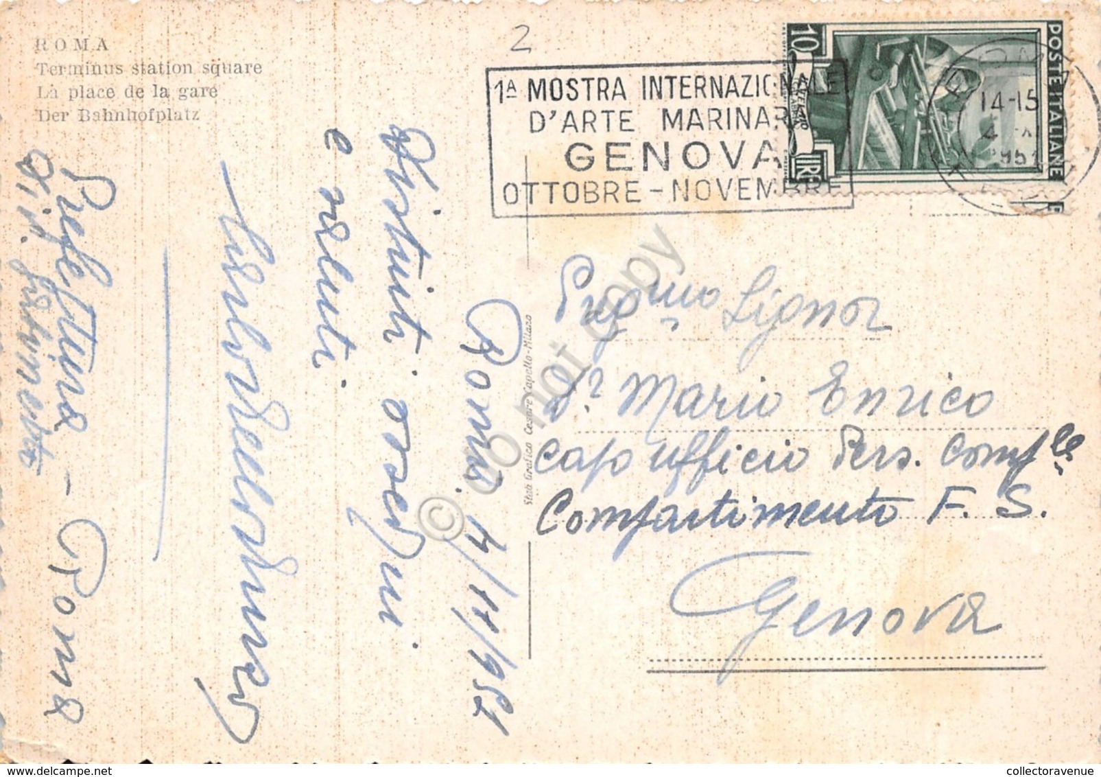 Cartolina Roma Stazione Timbro A Targhetta Mostra Arte Marinara Genova 1951 - Other & Unclassified