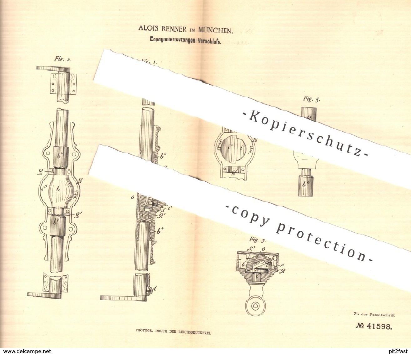 Original Patent - Alois Renner , München , 1887 , Espagnolettestangen - Verschluss | Schlosser , Schlosserei !! - Historische Dokumente