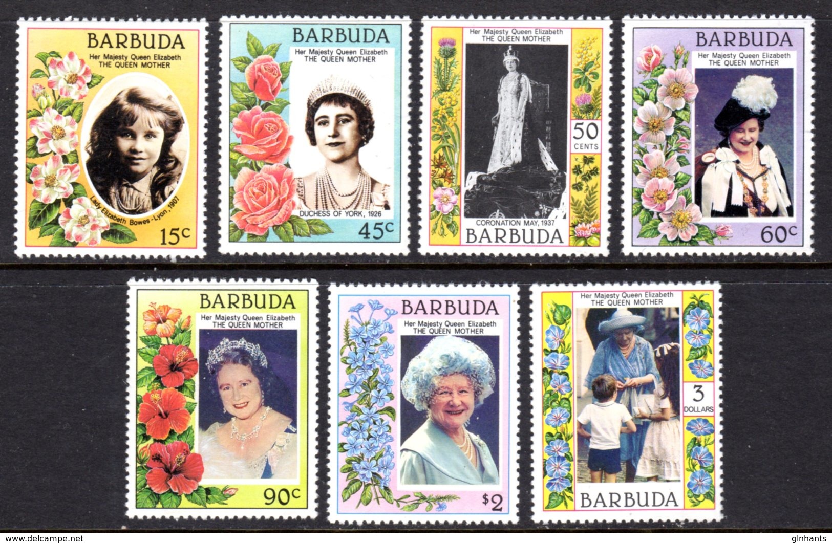 BARBUDA - 1985 LIFE & TIMES OF QUEEN ELIZABETH THE QUEEN MOTHER SET (7V) FINE MNH ** SG 776-782 - Antigua Et Barbuda (1981-...)