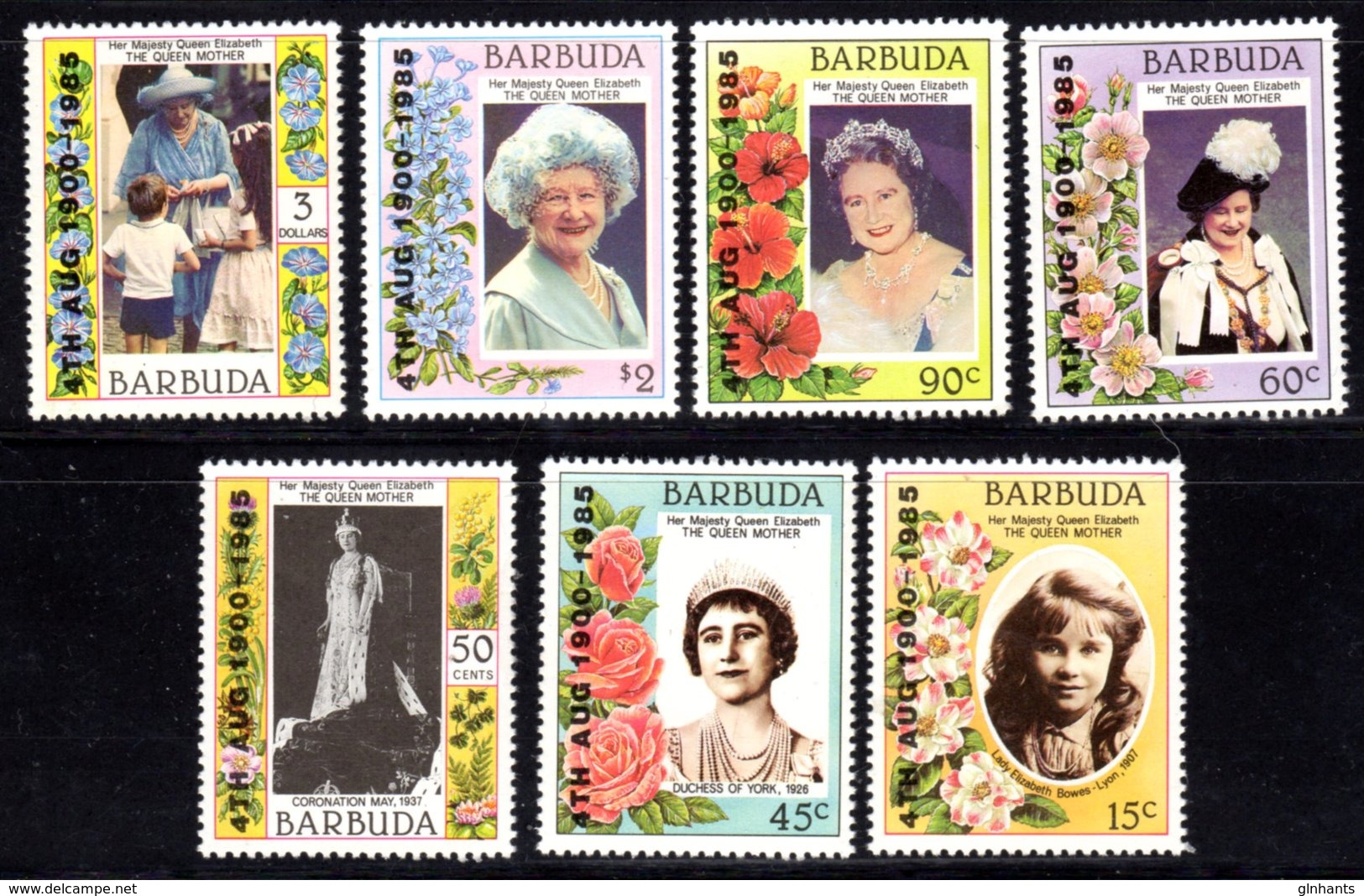 BARBUDA - 1985 LIFE & TIMES OF QUEEN ELIZABETH THE QUEEN MOTHER SET (7V) FINE MNH ** WITH DATE O/P SG 809-815 - Antigua And Barbuda (1981-...)