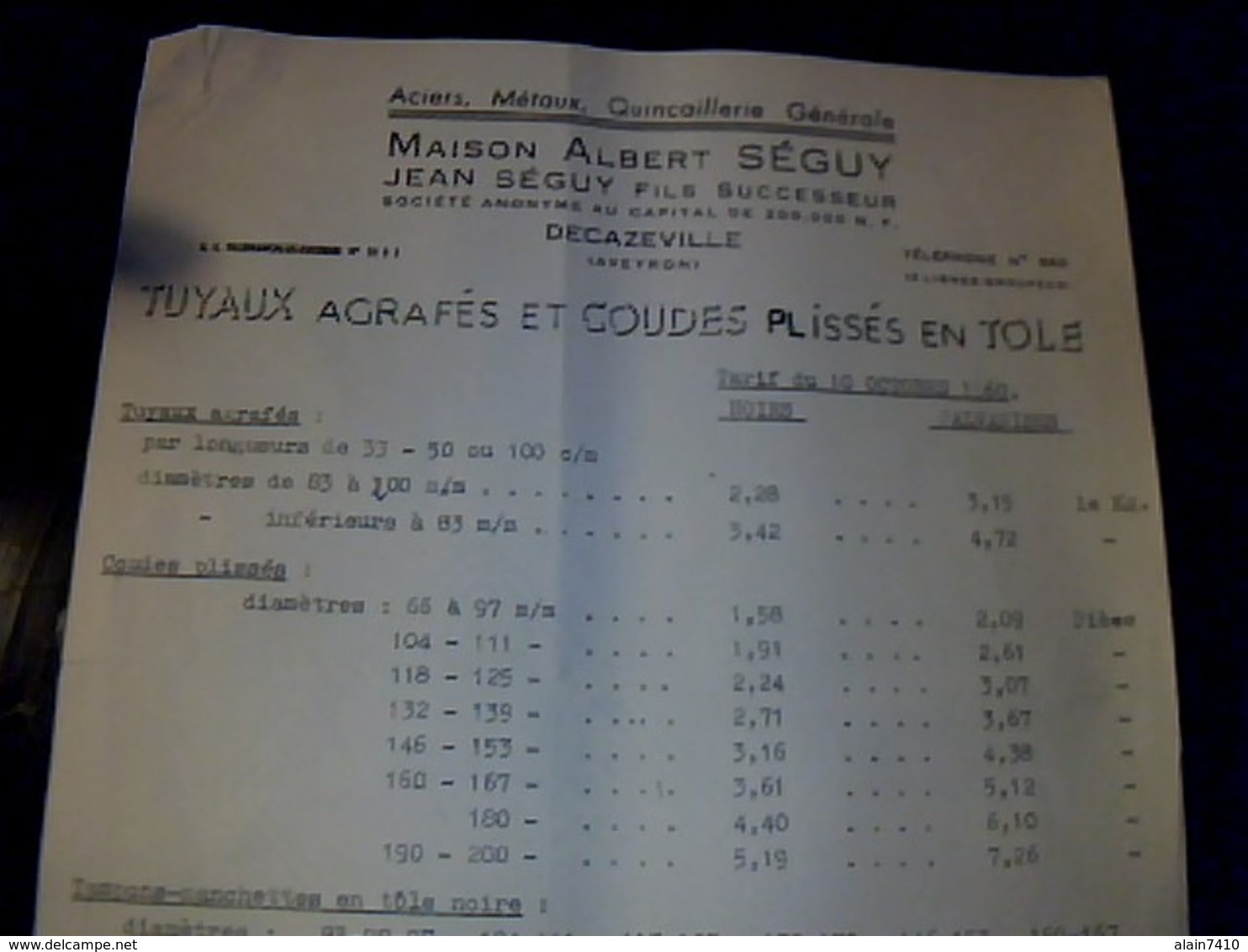 Publicité  Albert Séguy Tuyaux Agrafés Et Coudes Plissés En Tole à Decazeville 1960 - Pubblicitari