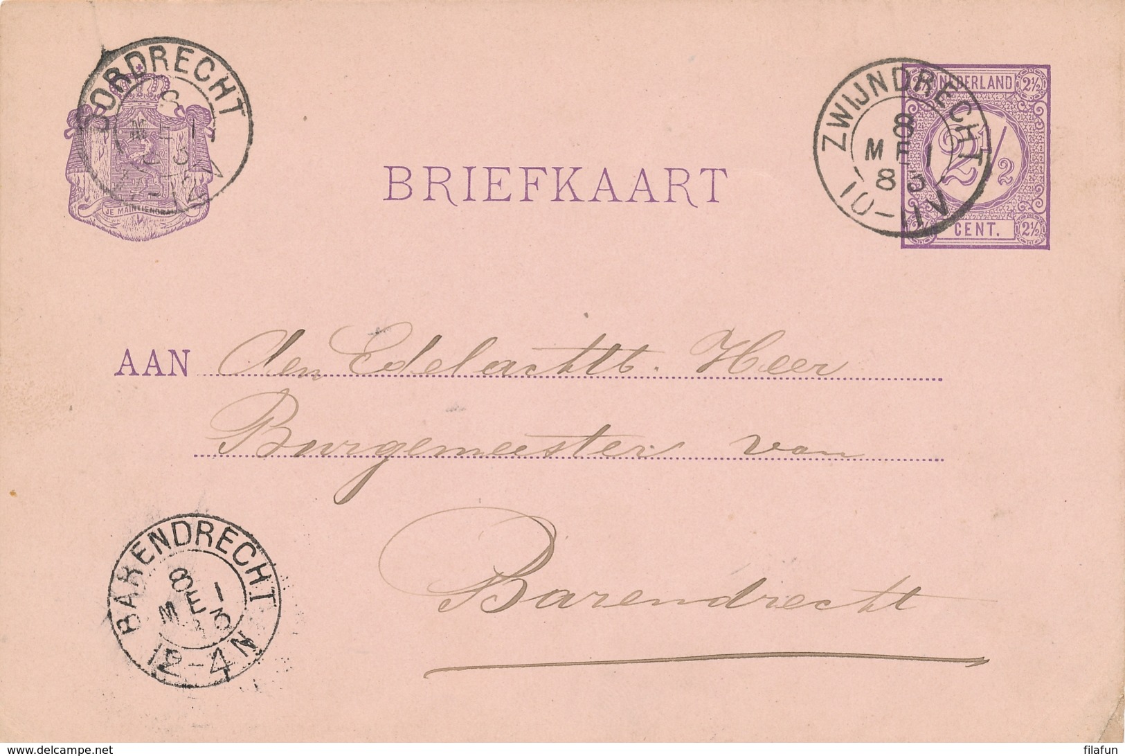 Nederland - 1883 - 2,5 Cent Cijfer, Briefkaart Van KR Zwijndrecht Naar KR BARENDRECHT - Poststempels/ Marcofilie