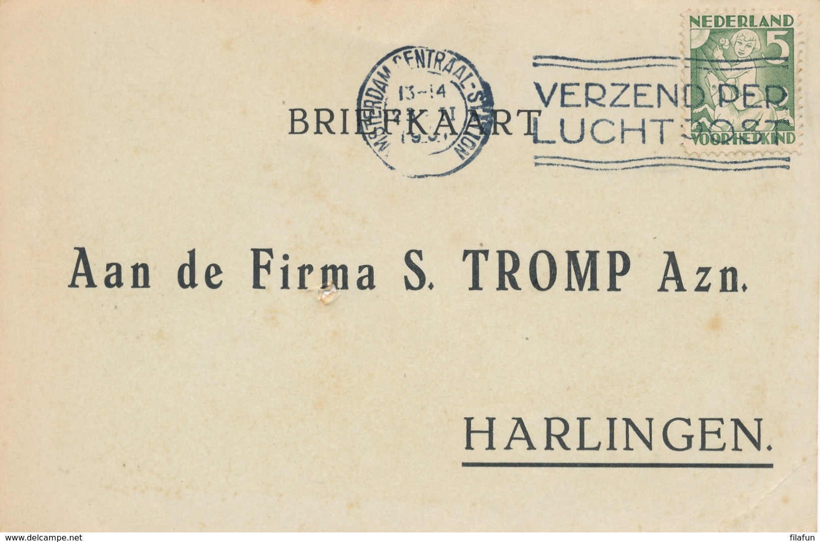 Nederland - 1931 - 5 Cent Kind, Enkelfrankering Op Businesscard Van Amsterdam Naar Harlingen - Brieven En Documenten