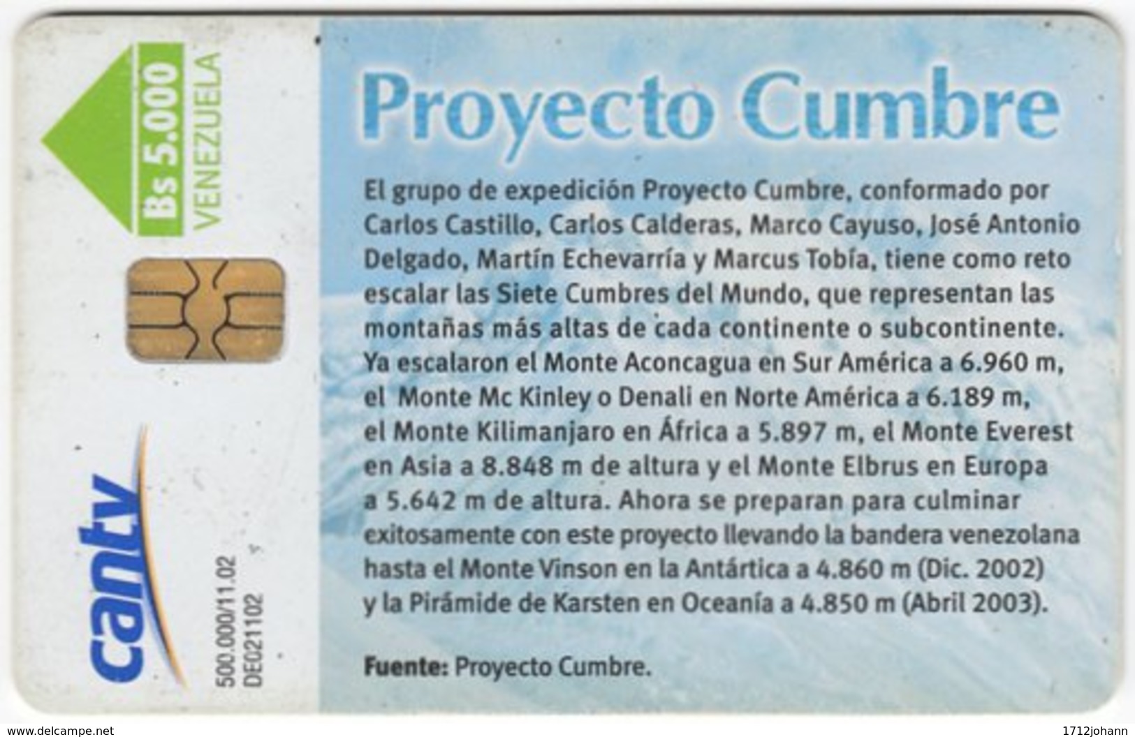 VENEZUELA B-414 Chip CanTV - Leisure, Mountain Climbing - Used - Venezuela