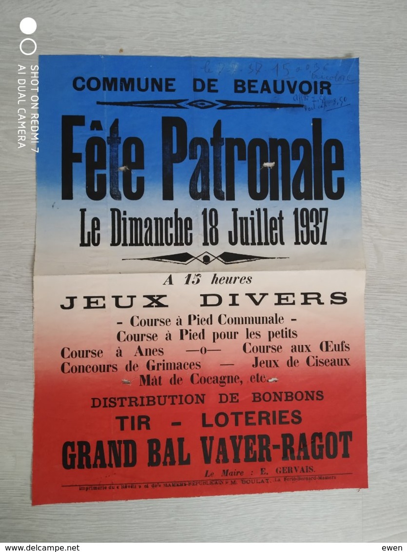 Beauvoir (Sarthe). Jolie Affiche Ancienne De Juillet 1937. Fête Patronale. - Afiches