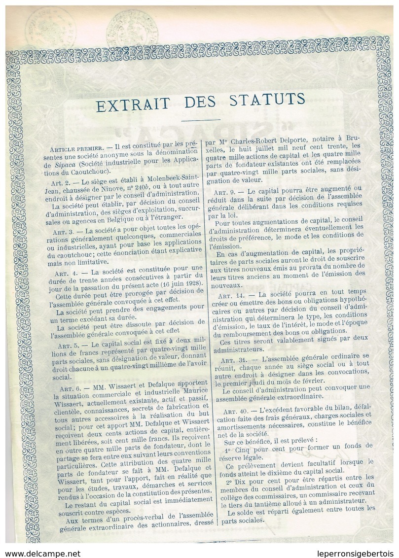 Titre Ancien - "SIPACA" Société Industrielle Pour Les Applications Du Caoutchouc - Titre De 1930 - N°061274 - Industrie