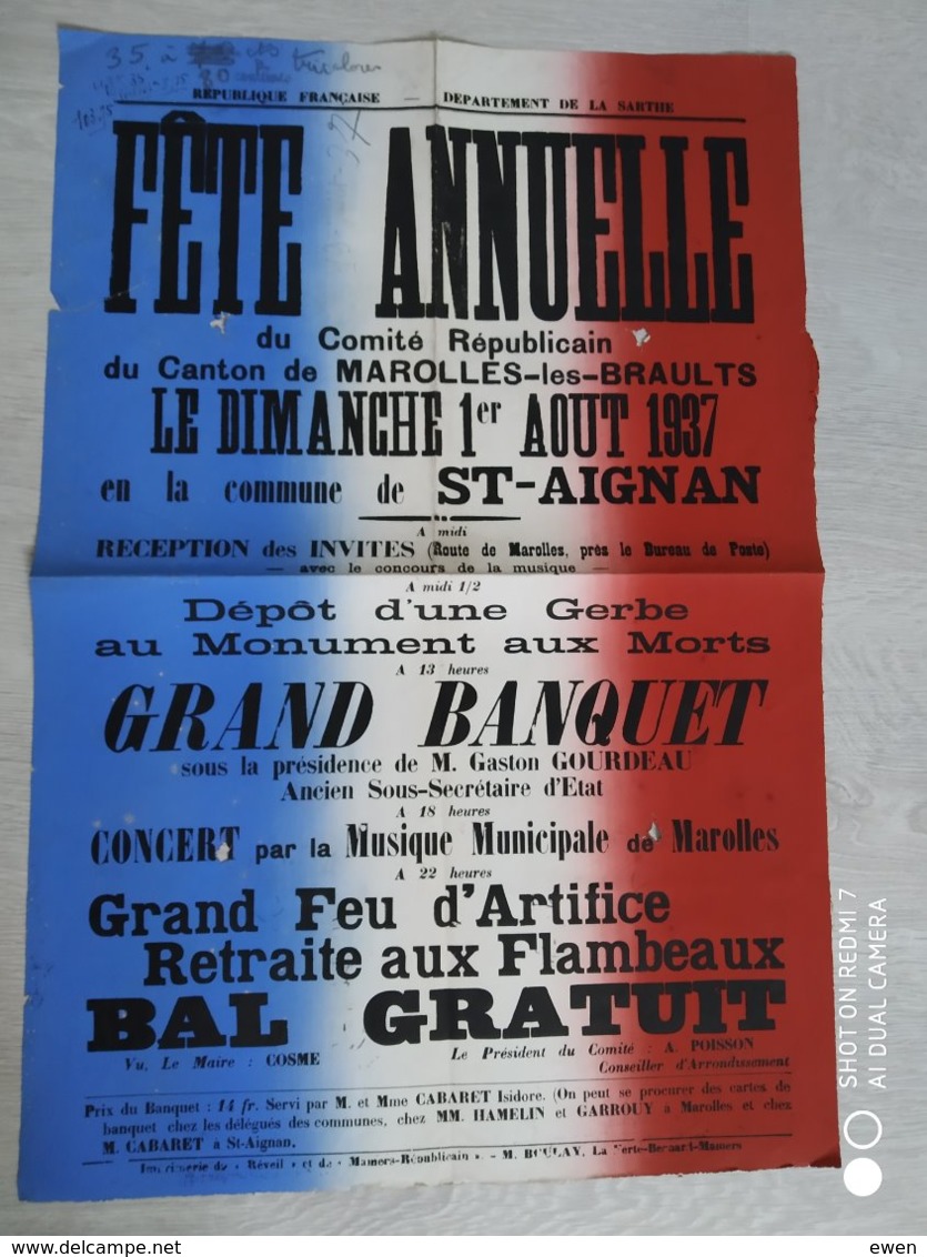 St-Aignan (Sarthe). Jolie Affiche Ancienne De Aout 1937. Fête Annuelle. Canton De Marolles-les-Braults. - Afiches