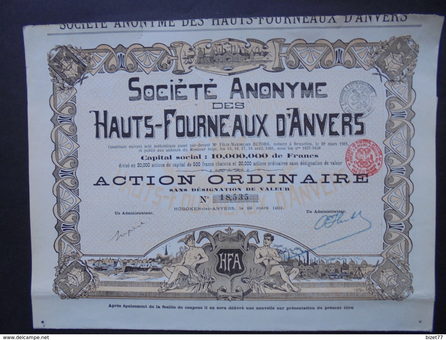 BELGIQUE - HOBOKEN LEZ ANVERS 1901 - HAUTS FOURNEAUX D'ANVERS - ACTION ORDINAIRE - BELLE ILLUSTRATIN - Andere & Zonder Classificatie