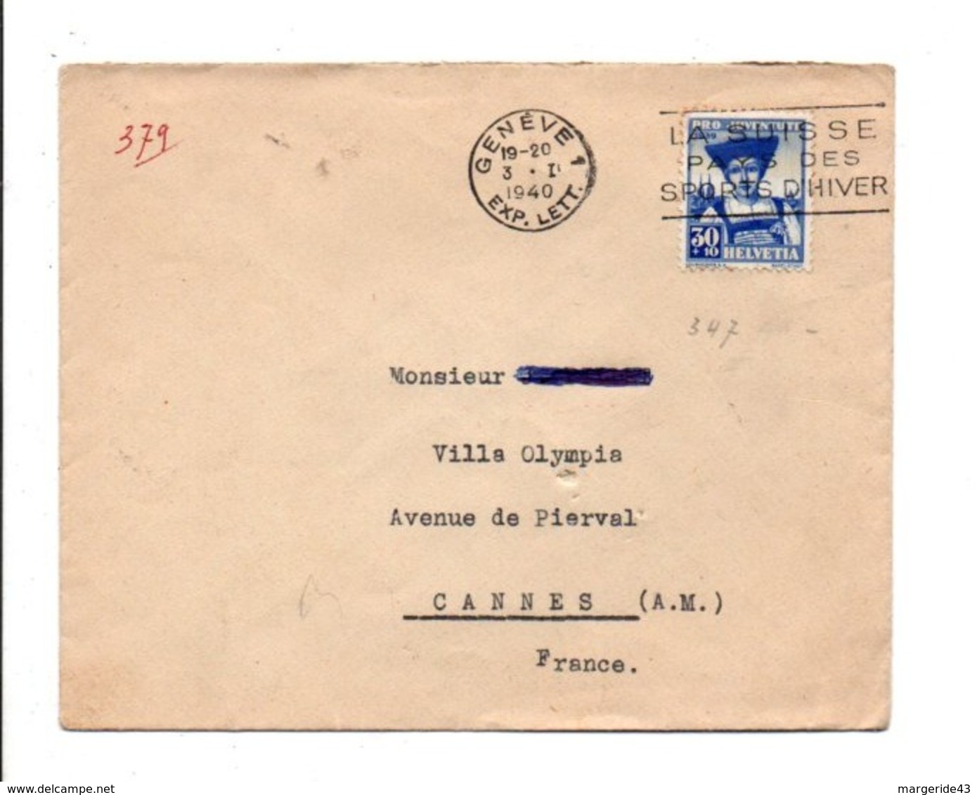 SUISSE OBLITERATION MECANIQUE SPORTS D'HIVER SUR LETTRE DE GENEVE POUR LA FRANCE 1940 - Brieven En Documenten
