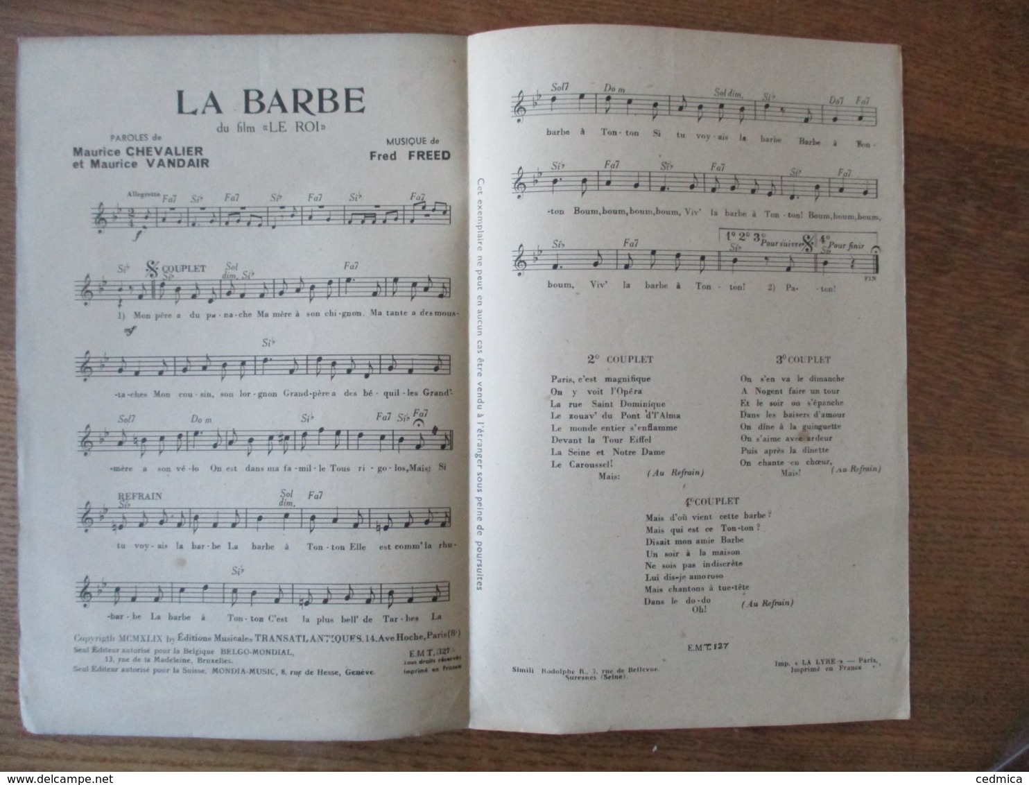 LA BARBE A TONTON CREEE PAR MAURICE CHEVALIER PAROLES DE MAURICE CHEVALIER ET MAURICE VANDAIR MUSIQUE DE FRED FREED - Spartiti