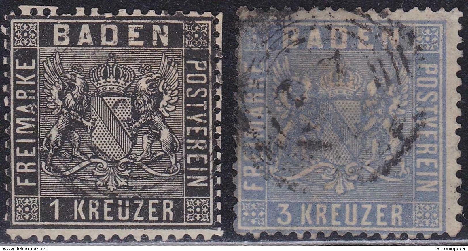 GERMAN STATES BADEN 1860-62 / 2v Perf. 13 1/2, Used VF Unif. 9/10 - Oblitérés