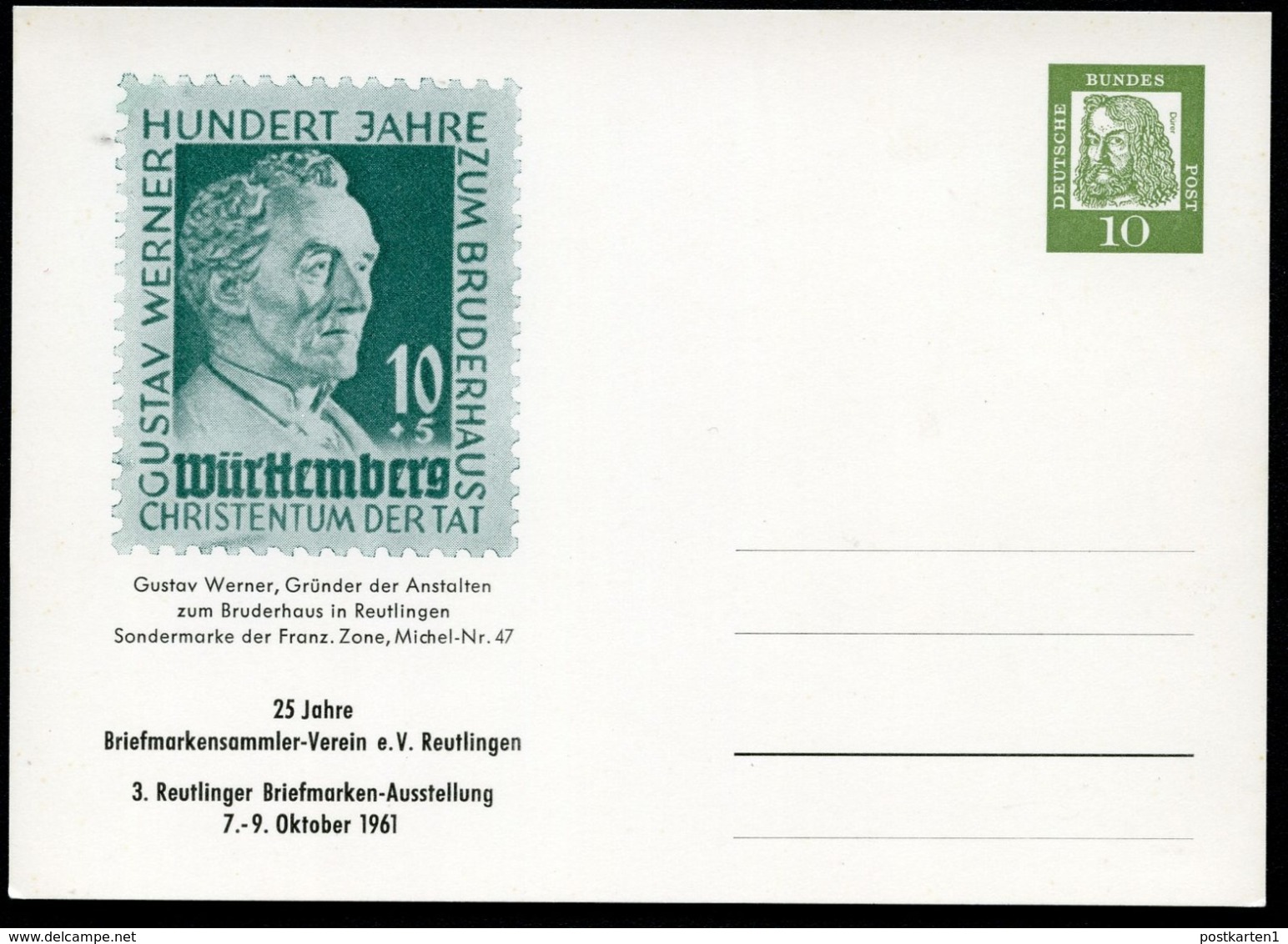 Bund PP24 D2/002a PFARRER GUSTAV WERNER Reutlingen 1961  NGK 10,00 € - Private Postcards - Mint