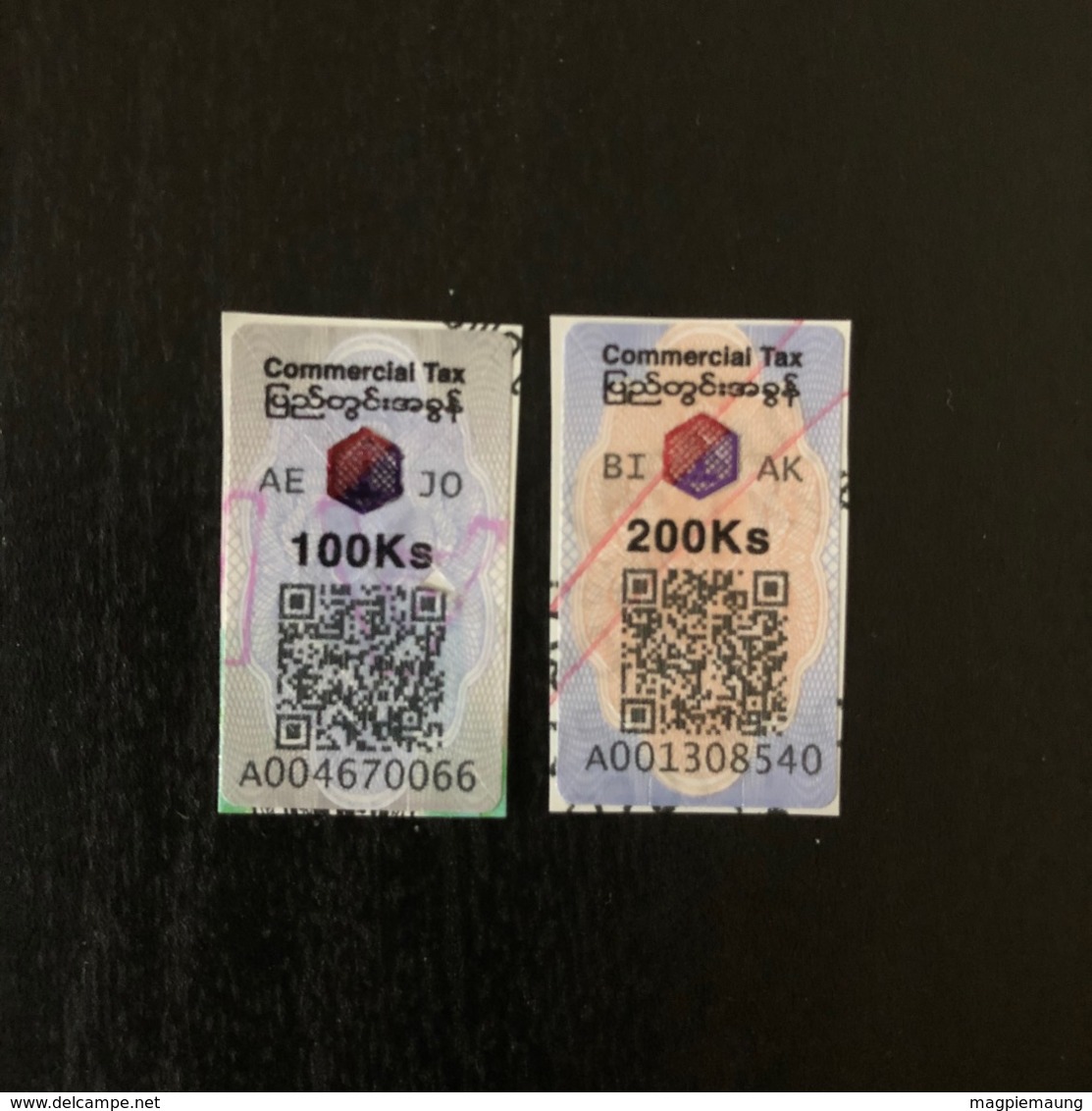 Myanmar (2019) New Commercial Tax Stickers QR Code 100 200 Kyats II - Myanmar (Burma 1948-...)